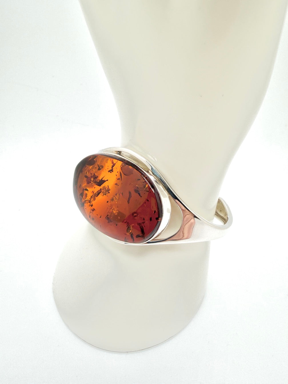 One-of-a-Kind Handmade Sterling Silver Cuff Bracelet with Genuine Cognac Baltic Amber – Museum Quality Statement Piece