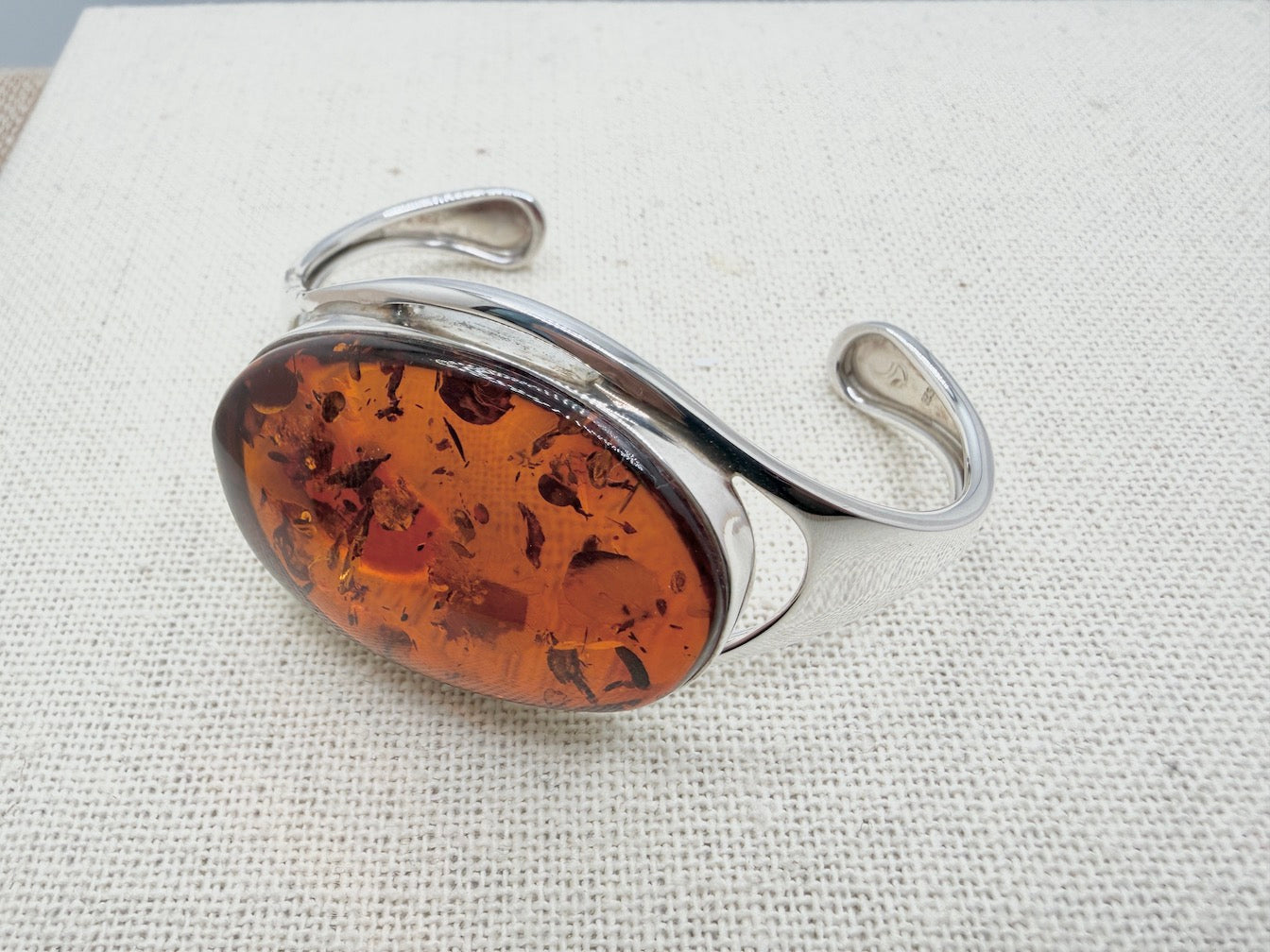 One-of-a-Kind Handmade Sterling Silver Cuff Bracelet with Genuine Cognac Baltic Amber – Museum Quality Statement Piece