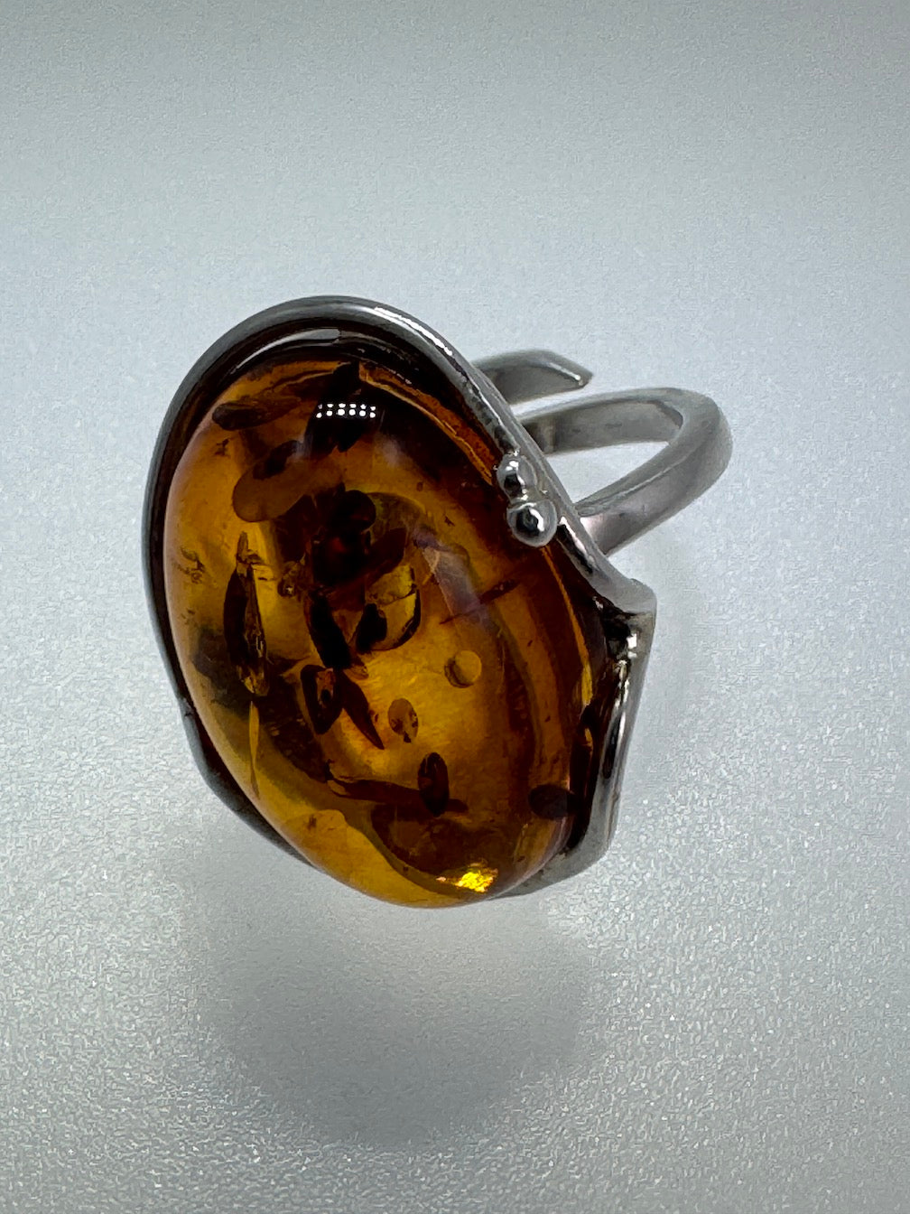 One-of-a-Kind Honey Cognac Baltic Amber Ring in Sterling Silver – Adjustable & Handmade in Poland