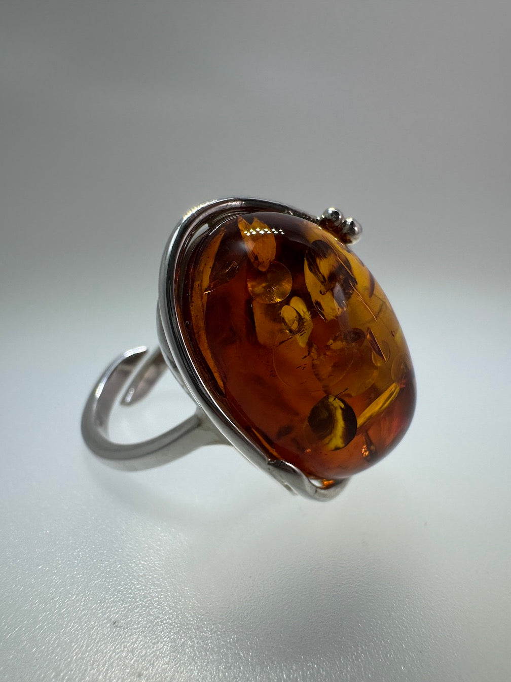 One-of-a-Kind Honey Cognac Baltic Amber Ring in Sterling Silver – Adjustable & Handmade in Poland