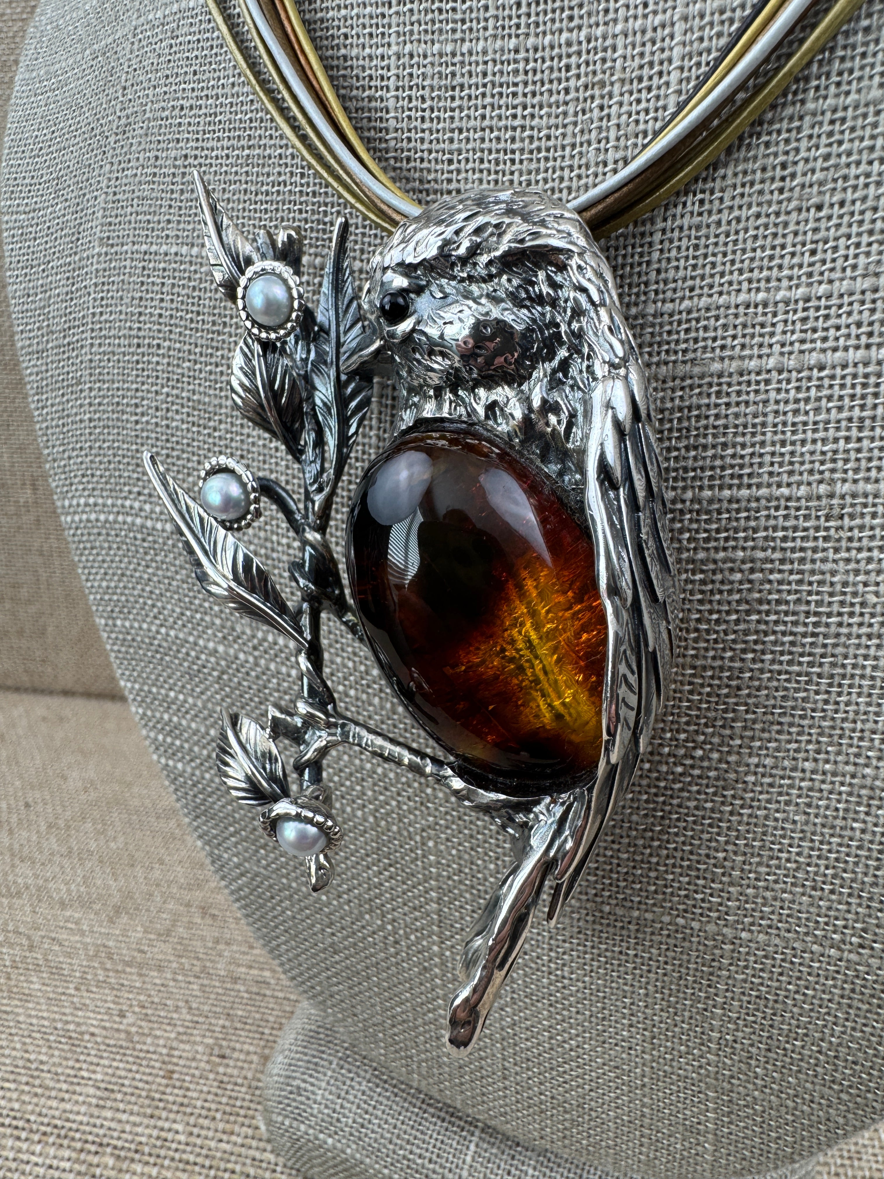 One-of-a-Kind Sterling Silver Baltic Amber Bird Pendant Brooch