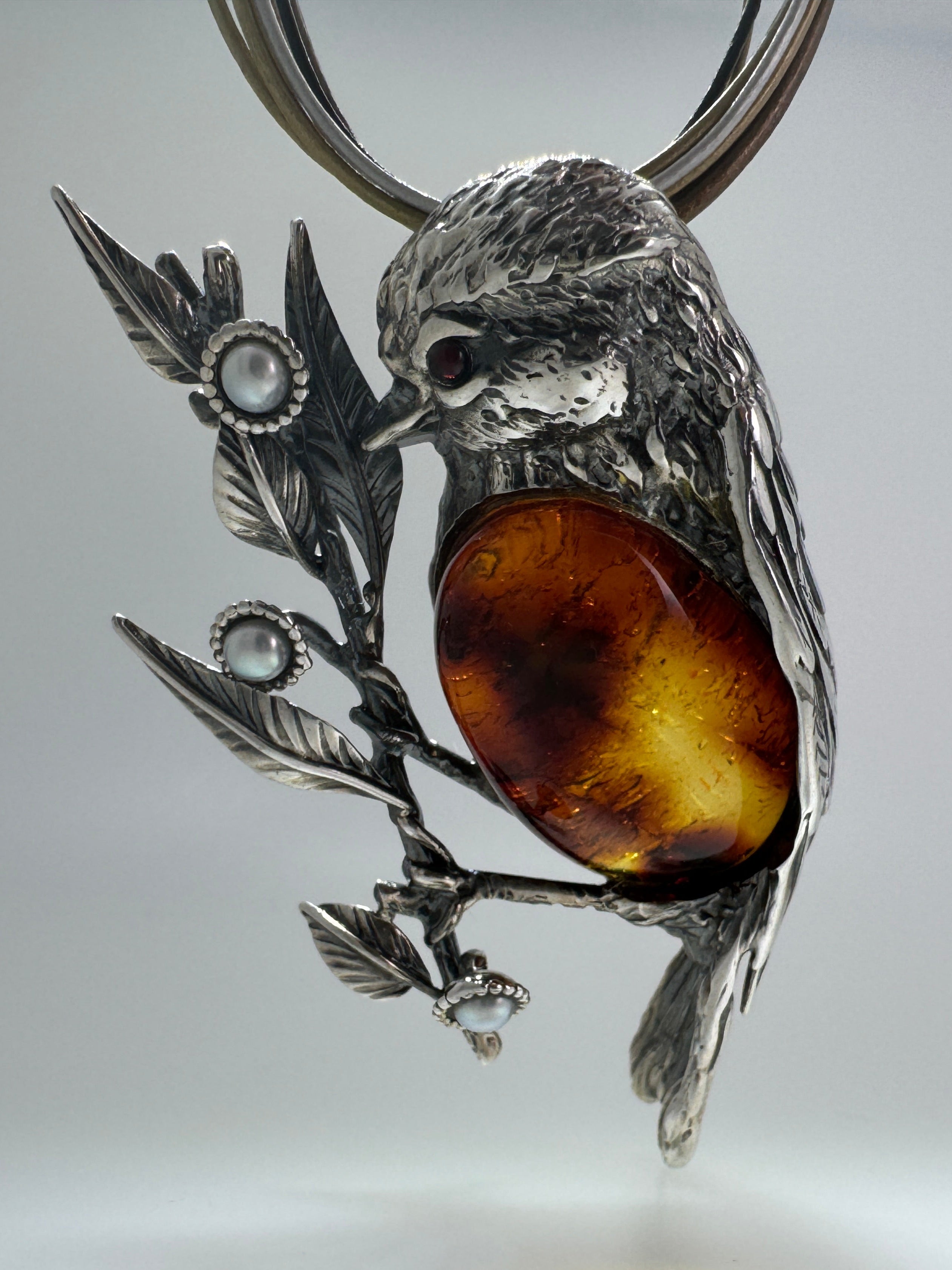 One-of-a-Kind Sterling Silver Baltic Amber Bird Pendant Brooch