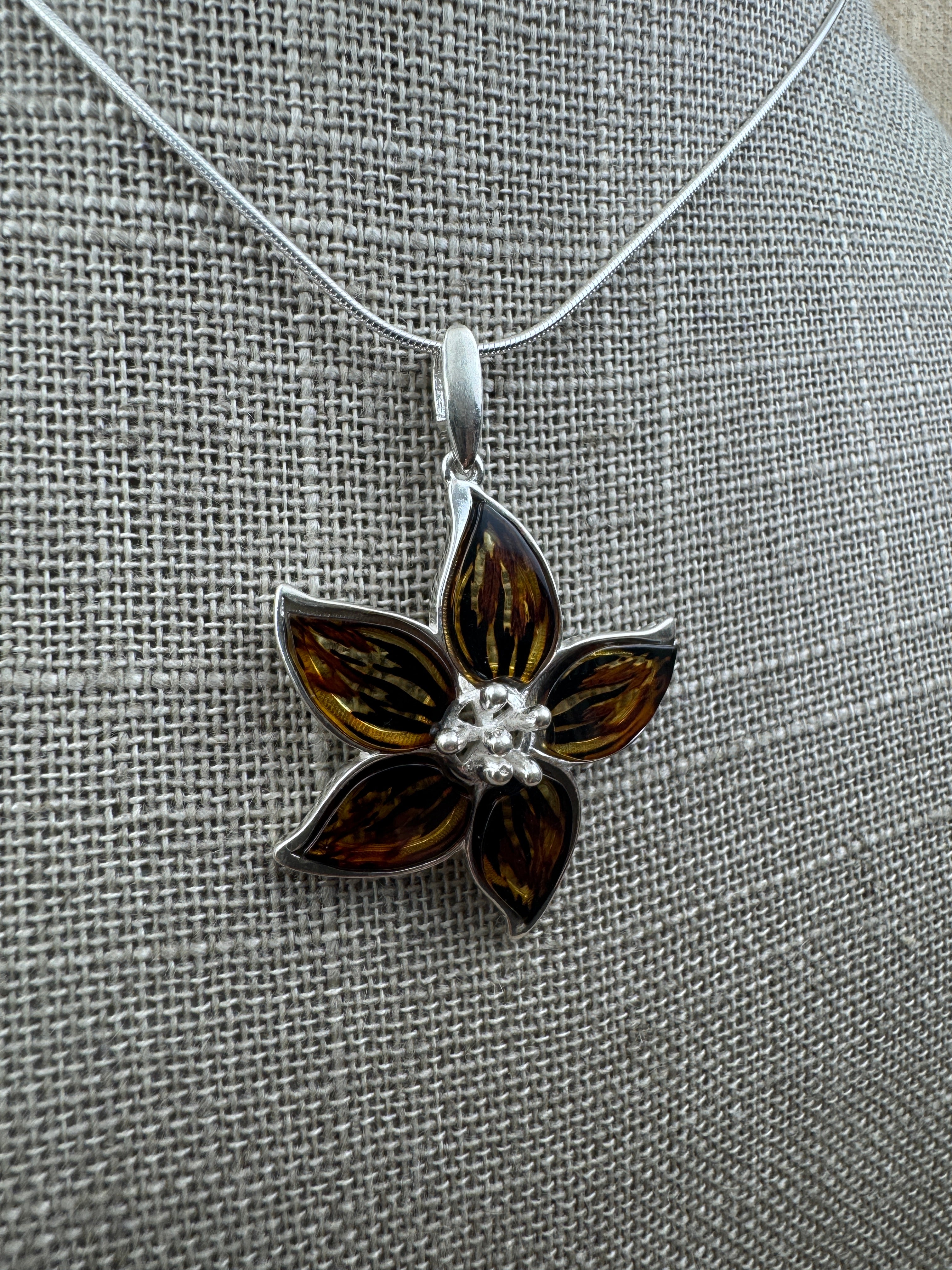 One-of-a-Kind Sterling Silver Baltic Amber Flower Pendant 