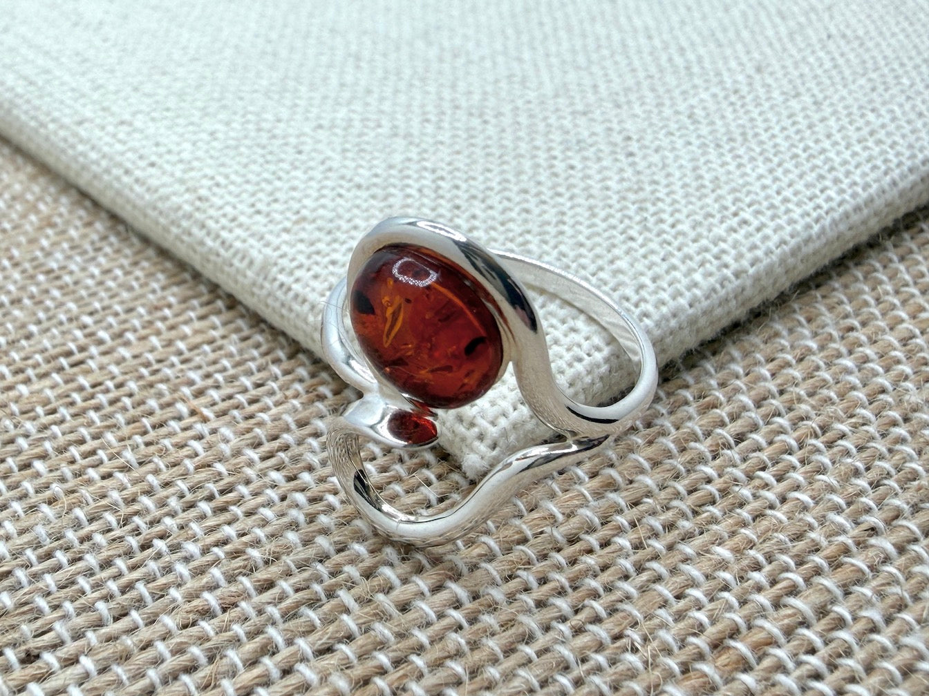 Open Heart and Baltic Amber & Sterling Silver Ring – Cognac Amber