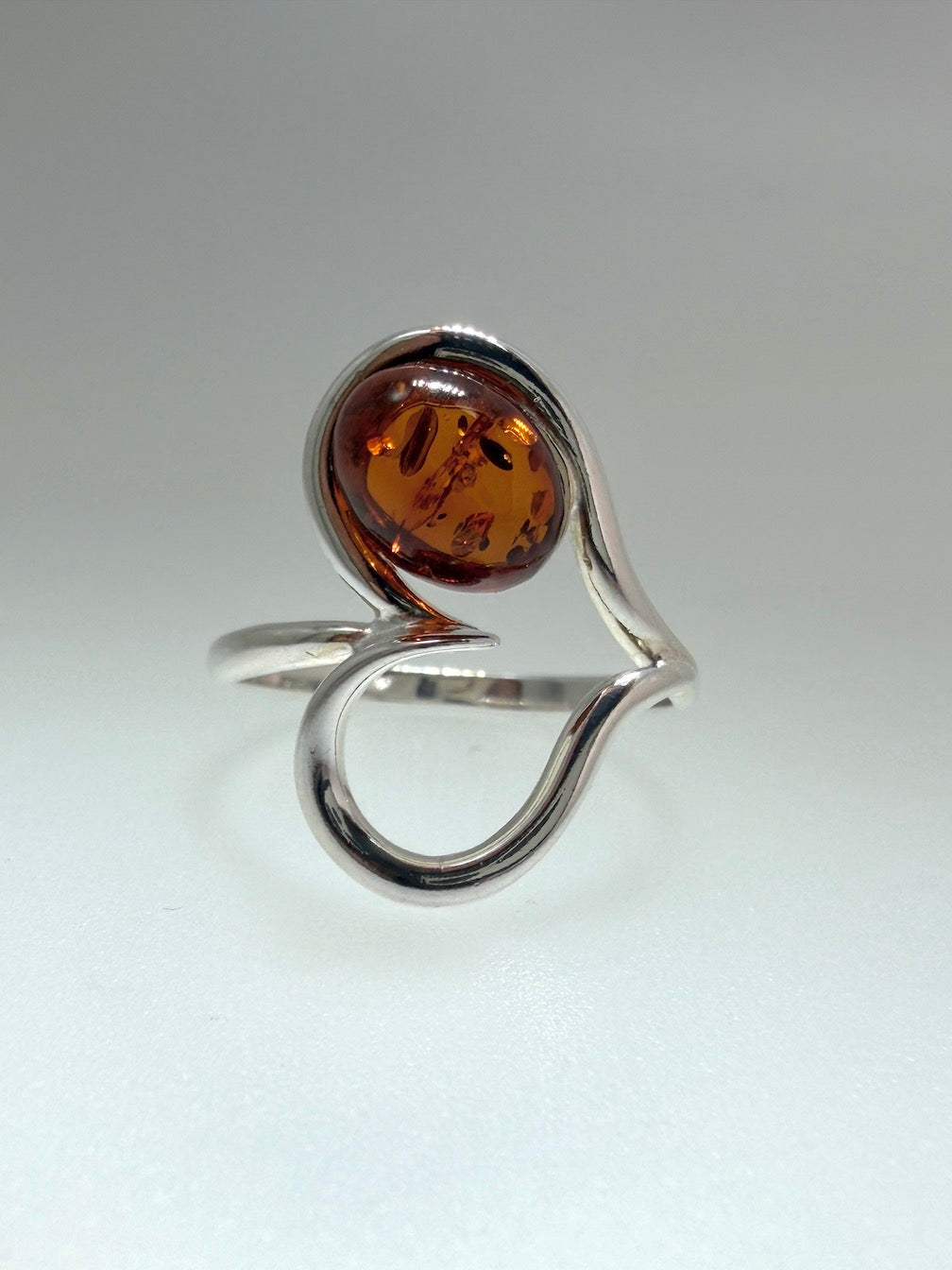 Open Heart and Baltic Amber & Sterling Silver Ring – Cognac Amber