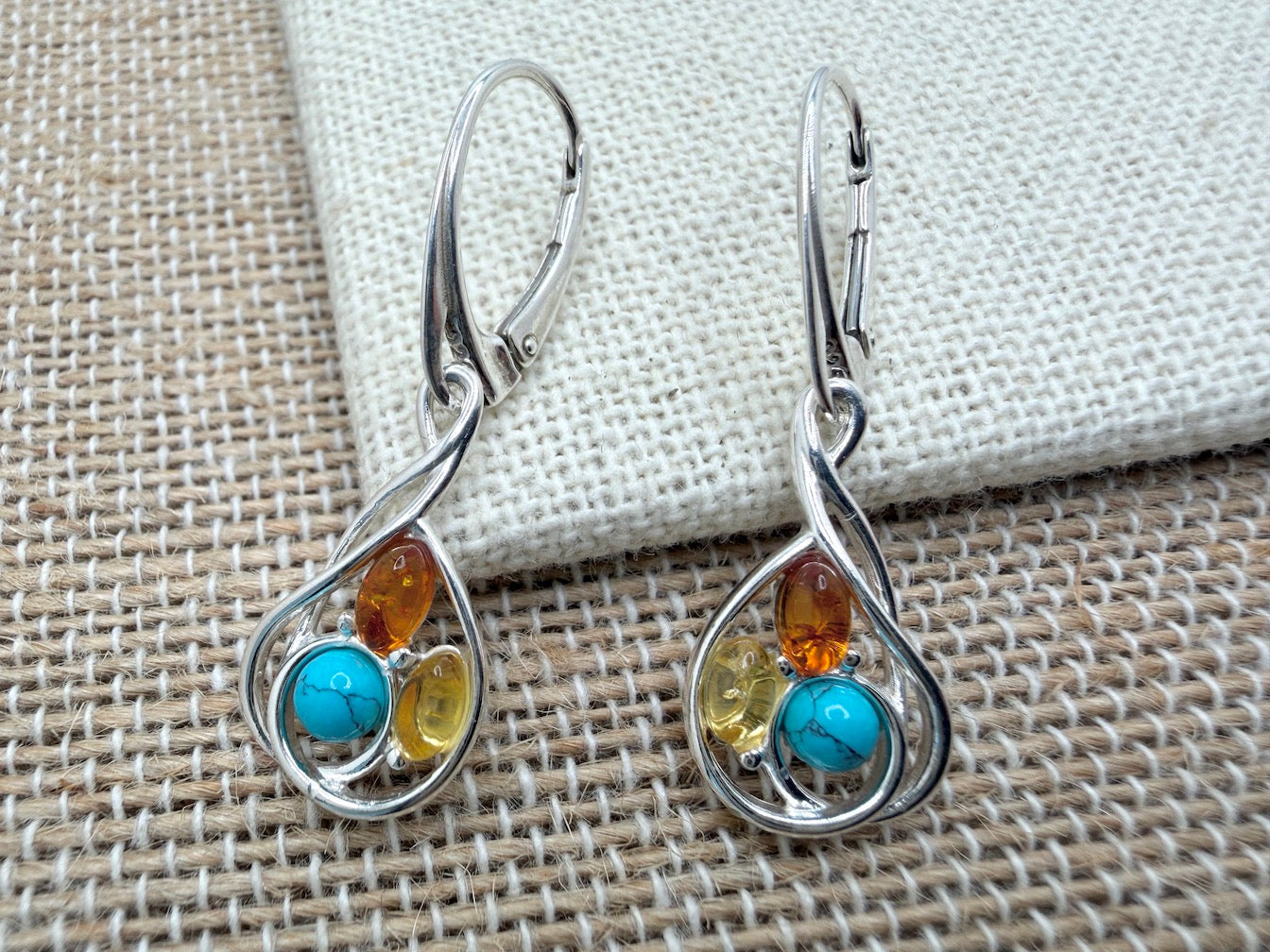 Organic Design 925 Sterling Silver & Cognac Baltic Amber Modern Drop Earrings – Oval Design with Turquoise Accent