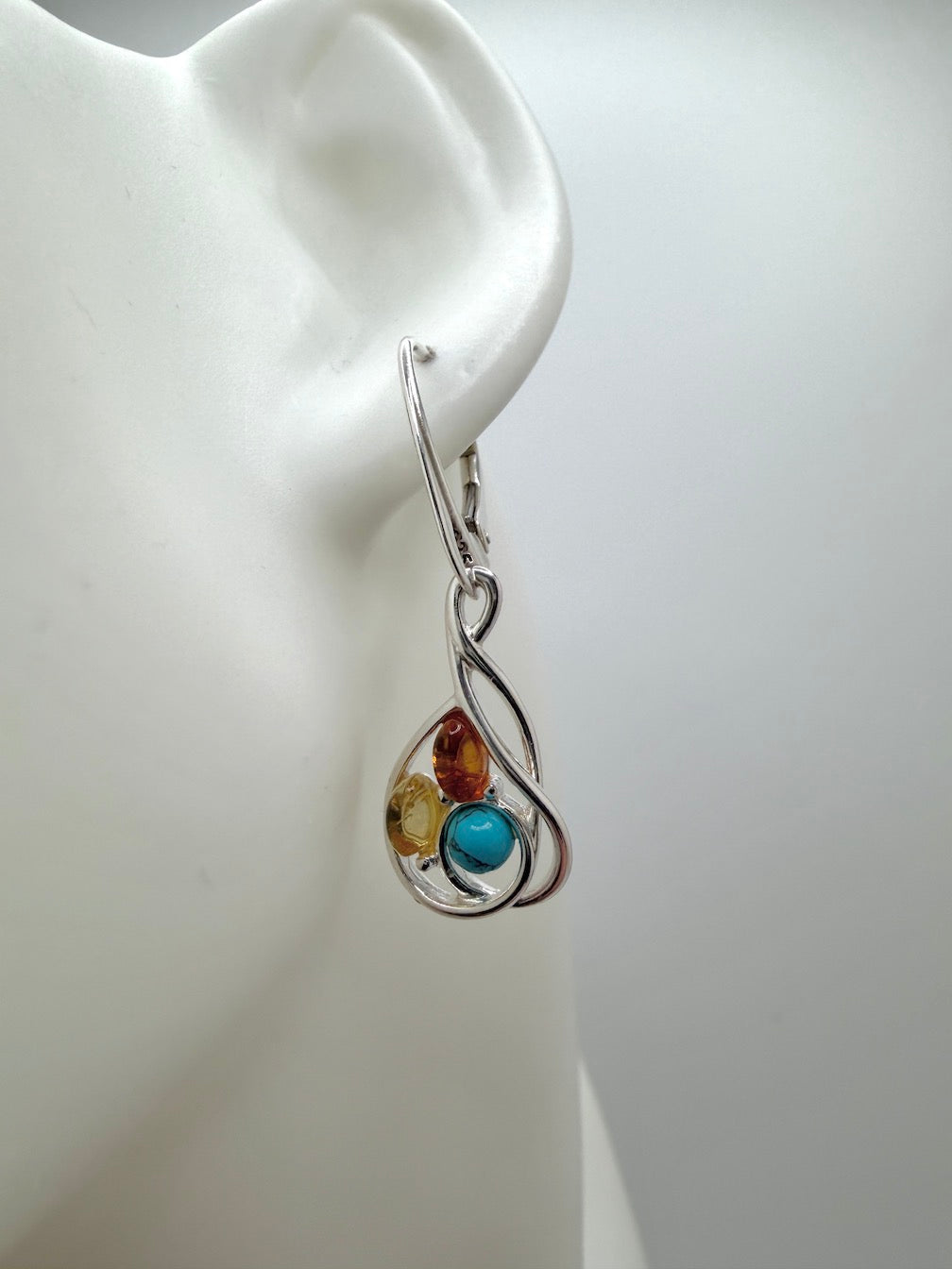 Organic Design 925 Sterling Silver & Cognac Baltic Amber Modern Drop Earrings – Oval Design with Turquoise Accent