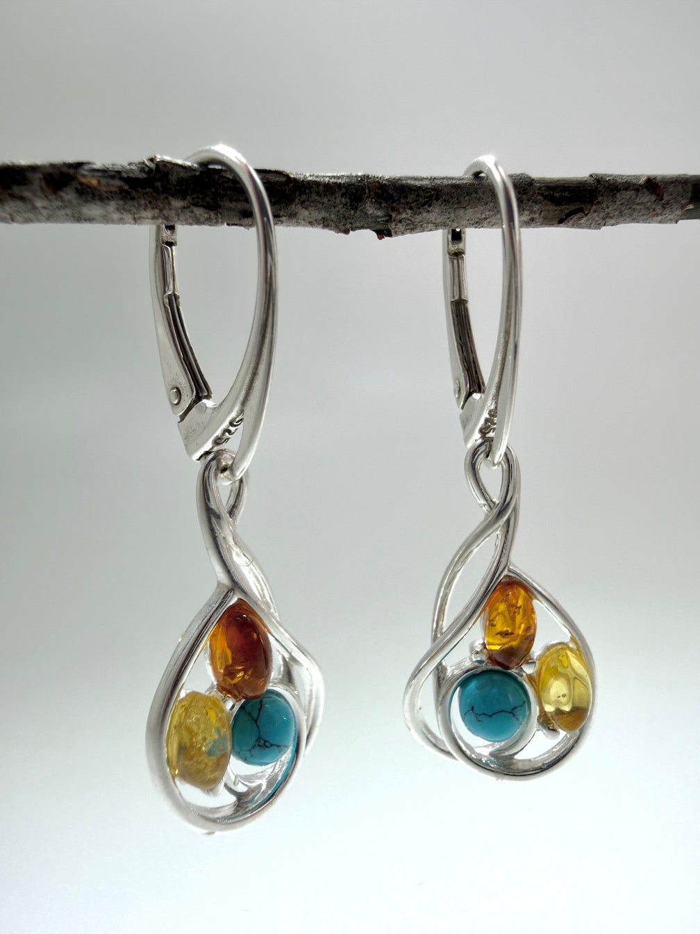 Organic Design 925 Sterling Silver & Cognac Baltic Amber Modern Drop Earrings – Oval Design with Turquoise Accent