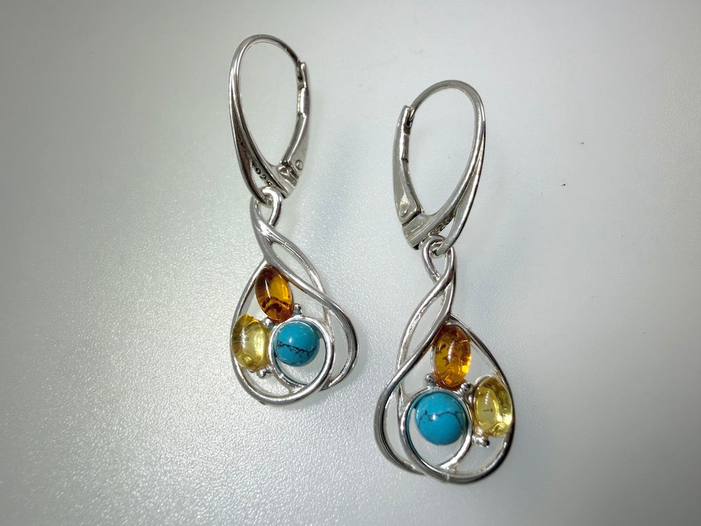 Organic Design 925 Sterling Silver & Cognac Baltic Amber Modern Drop Earrings – Oval Design with Turquoise Accent