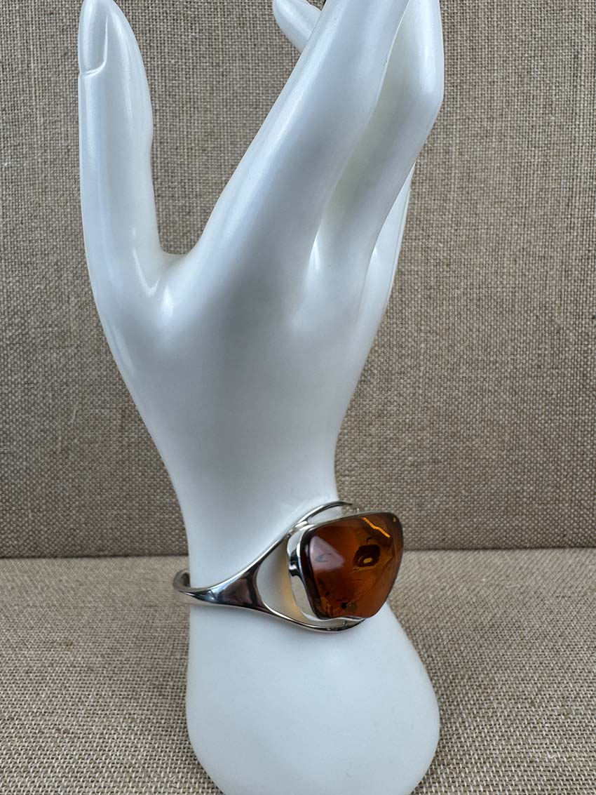 Oversized Sterling Silver Cognac Baltic Amber Cuff Bracelet - Handmade & One-of-a-Kind