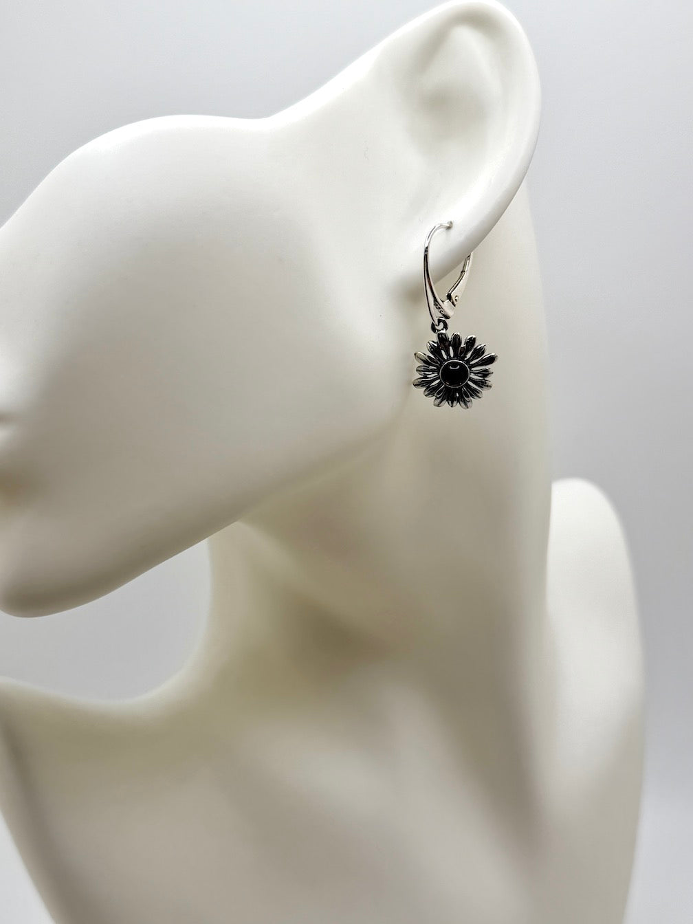 Oxidized Sterling Silver Honey Amber Flower Drop Lever Back Earrings | Everyday and Lightweight