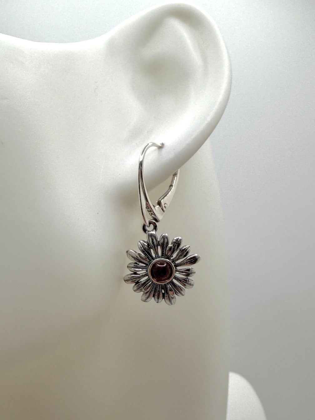 Oxidized Sterling Silver Honey Amber Flower Drop Lever Back Earrings | Everyday and Lightweight