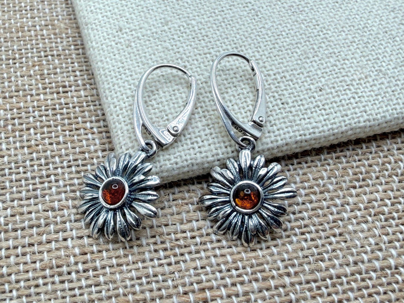 Oxidized Sterling Silver Honey Amber Flower Drop Lever Back Earrings | Everyday and Lightweight