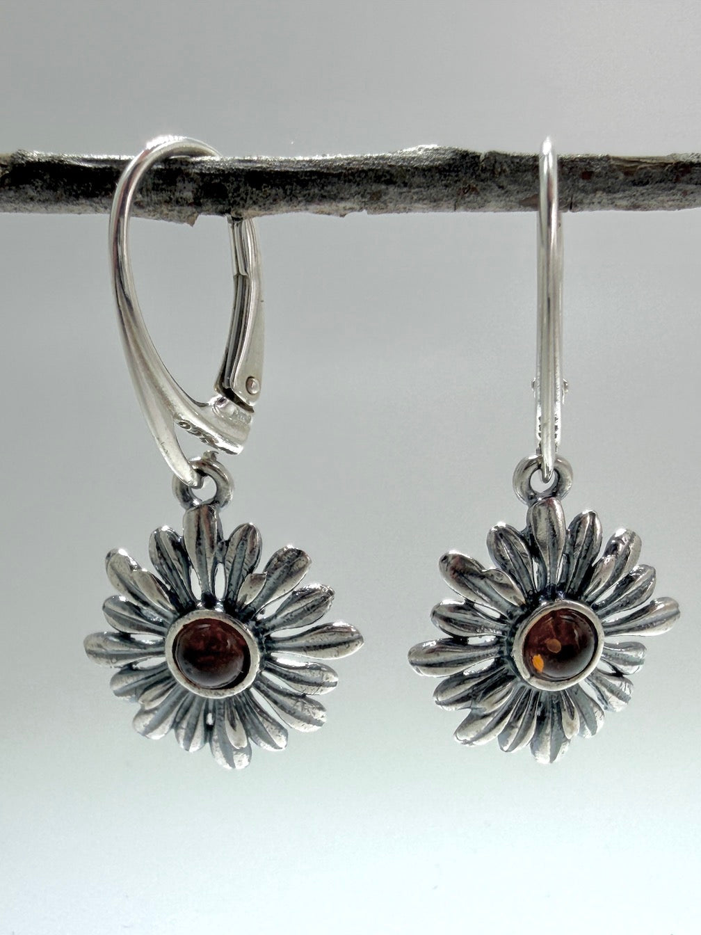 Oxidized Sterling Silver Honey Amber Flower Drop Lever Back Earrings | Everyday and Lightweight