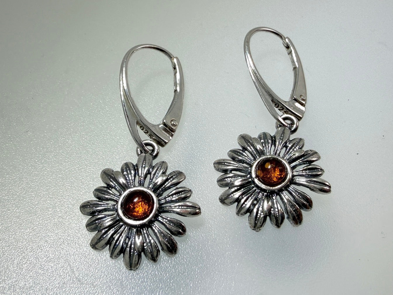 Oxidized Sterling Silver Honey Amber Flower Drop Lever Back Earrings | Everyday and Lightweight