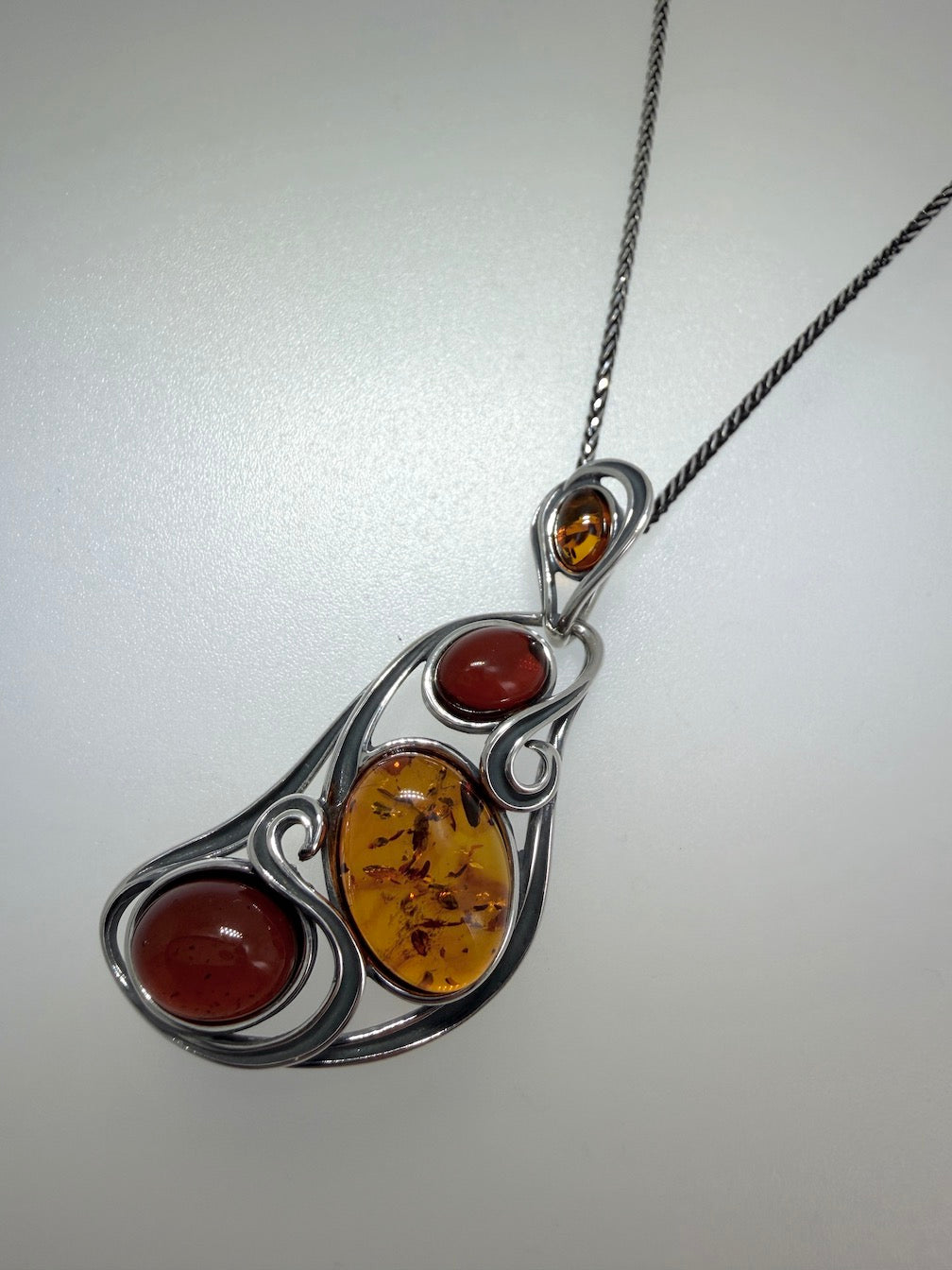 Oxidized Sterling Silver Organic Swirl Pendant with Genuine Baltic Amber Stones – Shipped on Oxidized Wheat Chain