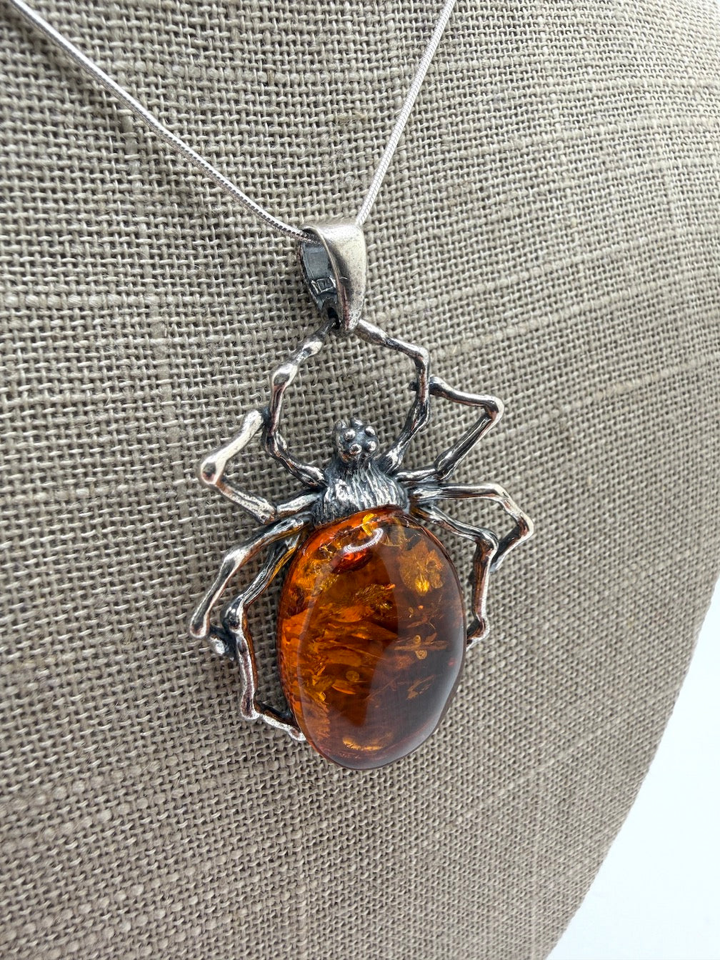 Oxidized Sterling Silver Spider Pendant with Green Baltic Amber on Paperclip Chain – Matching Ring Available
