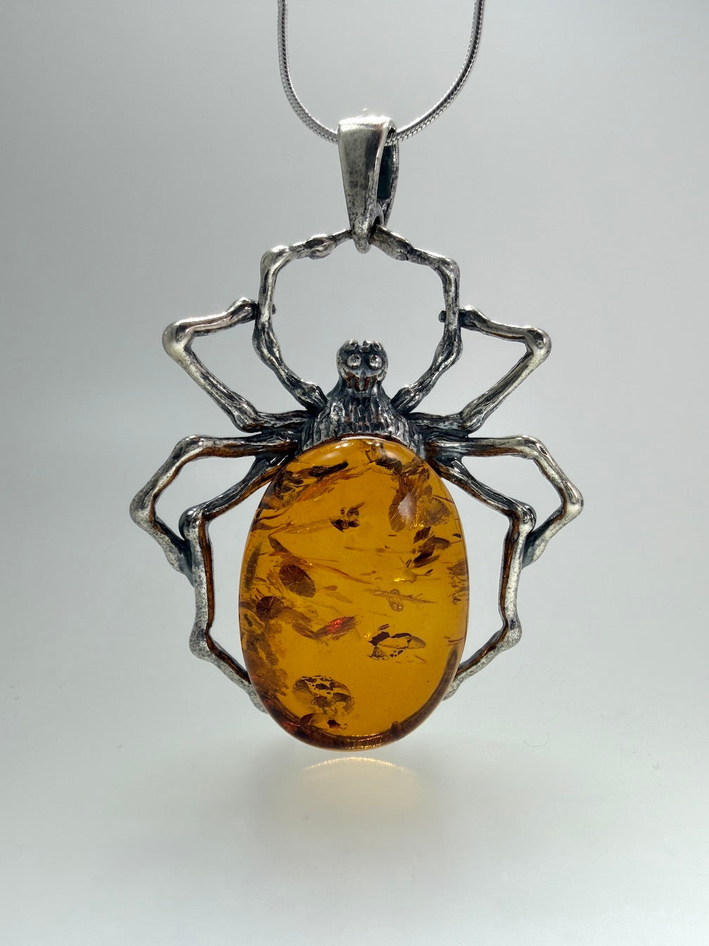Oxidized Sterling Silver Spider Pendant with Green Baltic Amber on Paperclip Chain – Matching Ring Available