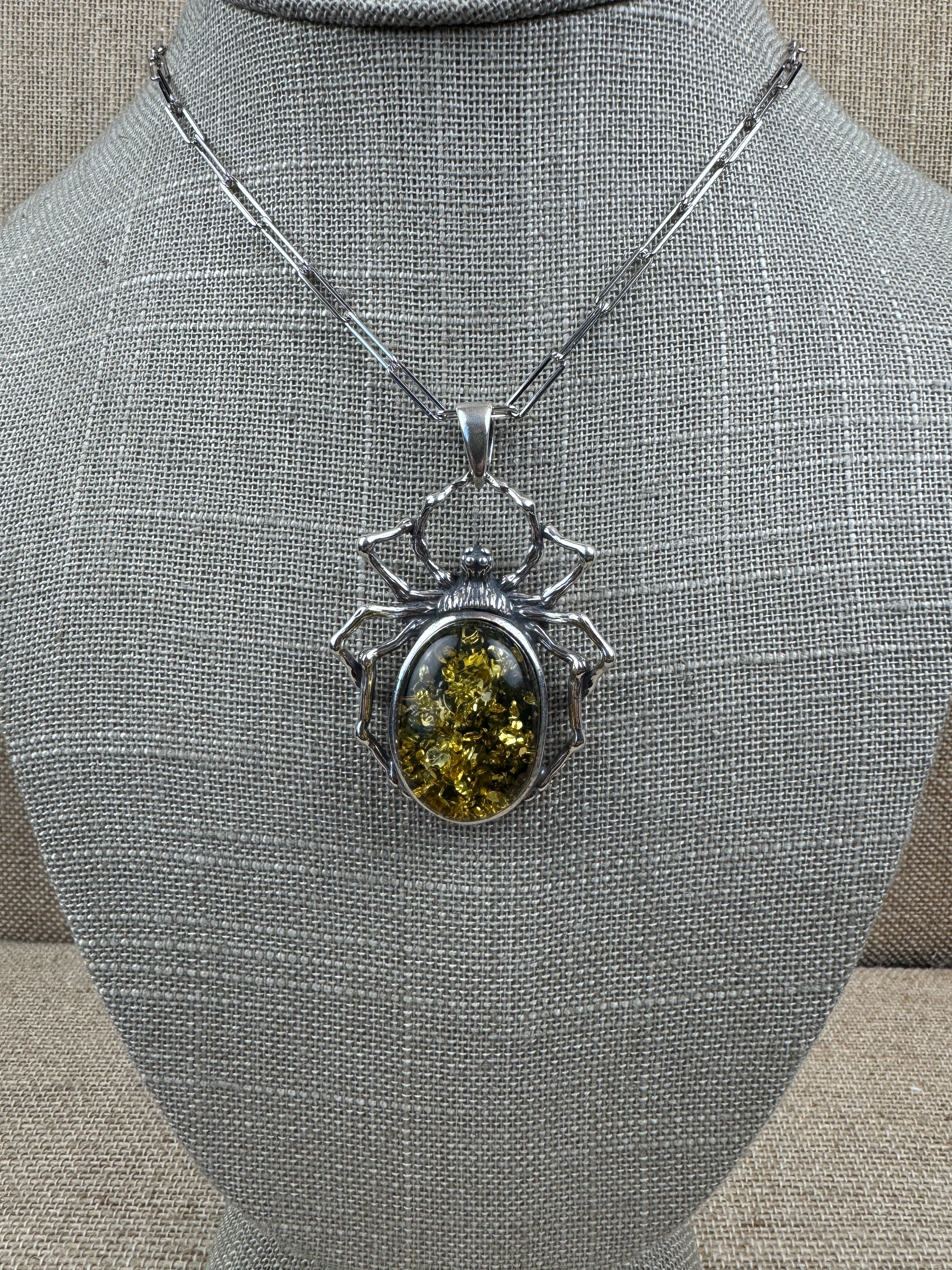 Oxidized Sterling Silver Spider Pendant with Green Baltic Amber on Paperclip Chain