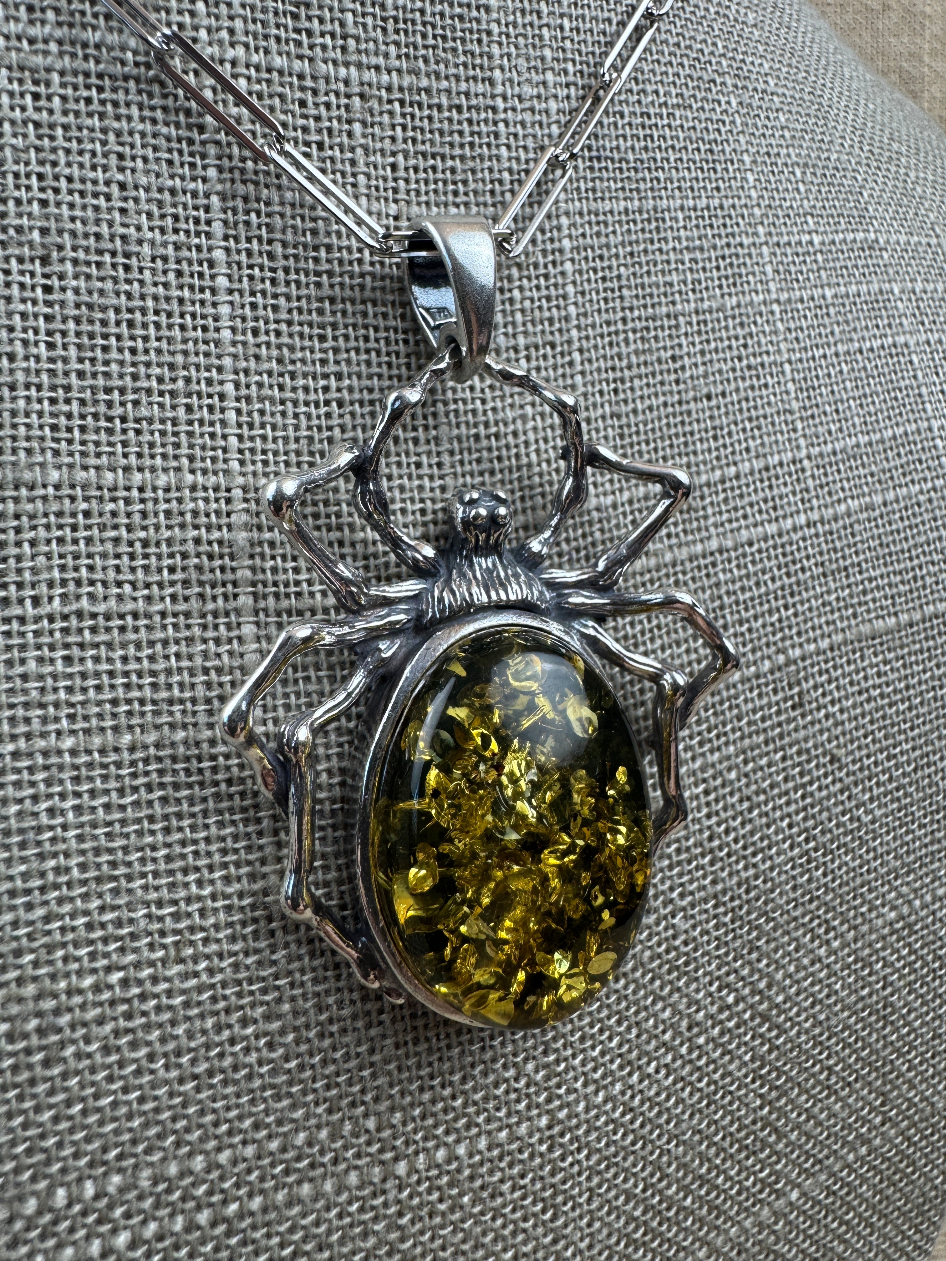 Oxidized Sterling Silver Spider Pendant with Green Baltic Amber on Paperclip Chain