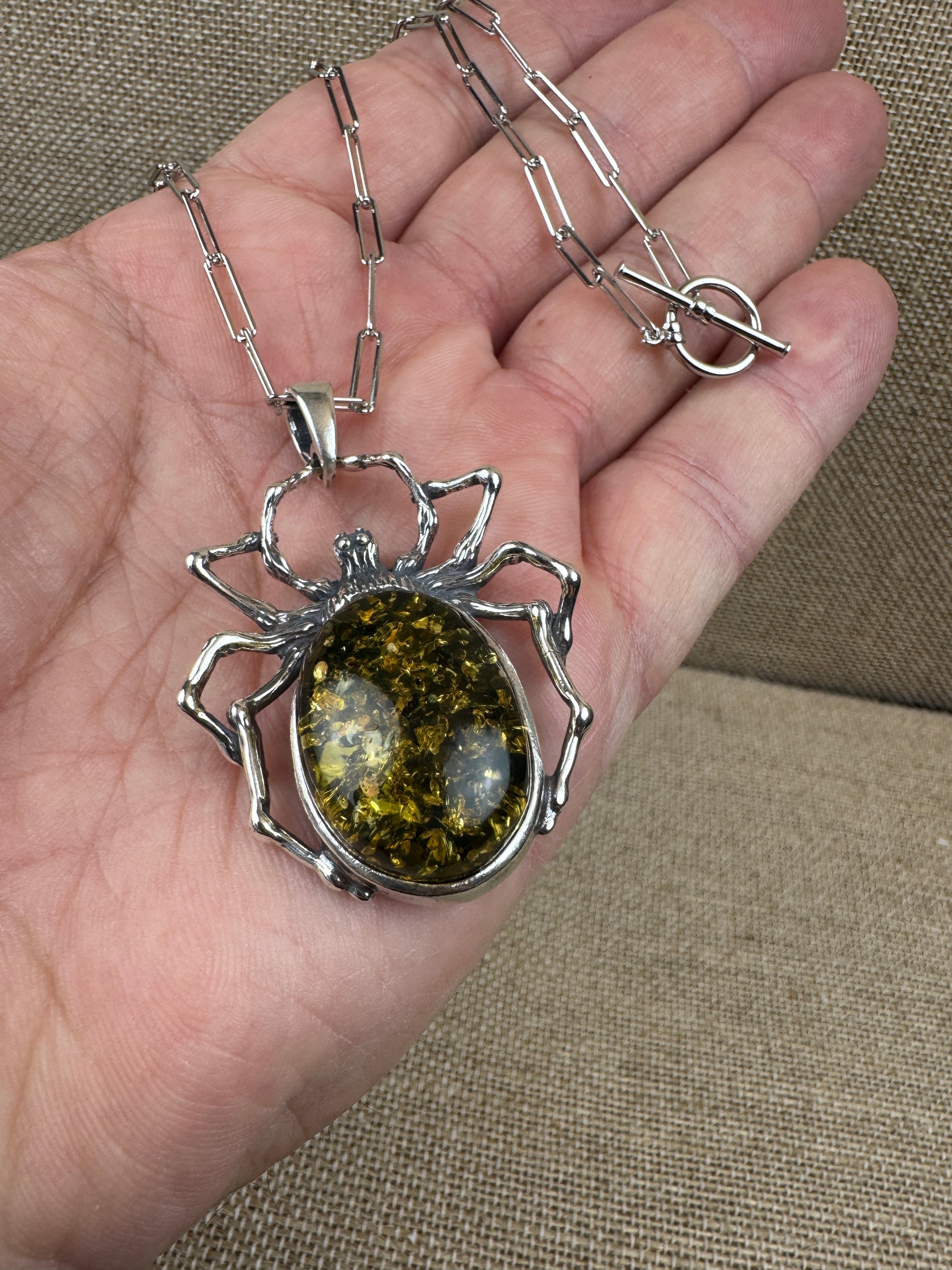 Oxidized Sterling Silver Spider Pendant with Green Baltic Amber on Paperclip Chain