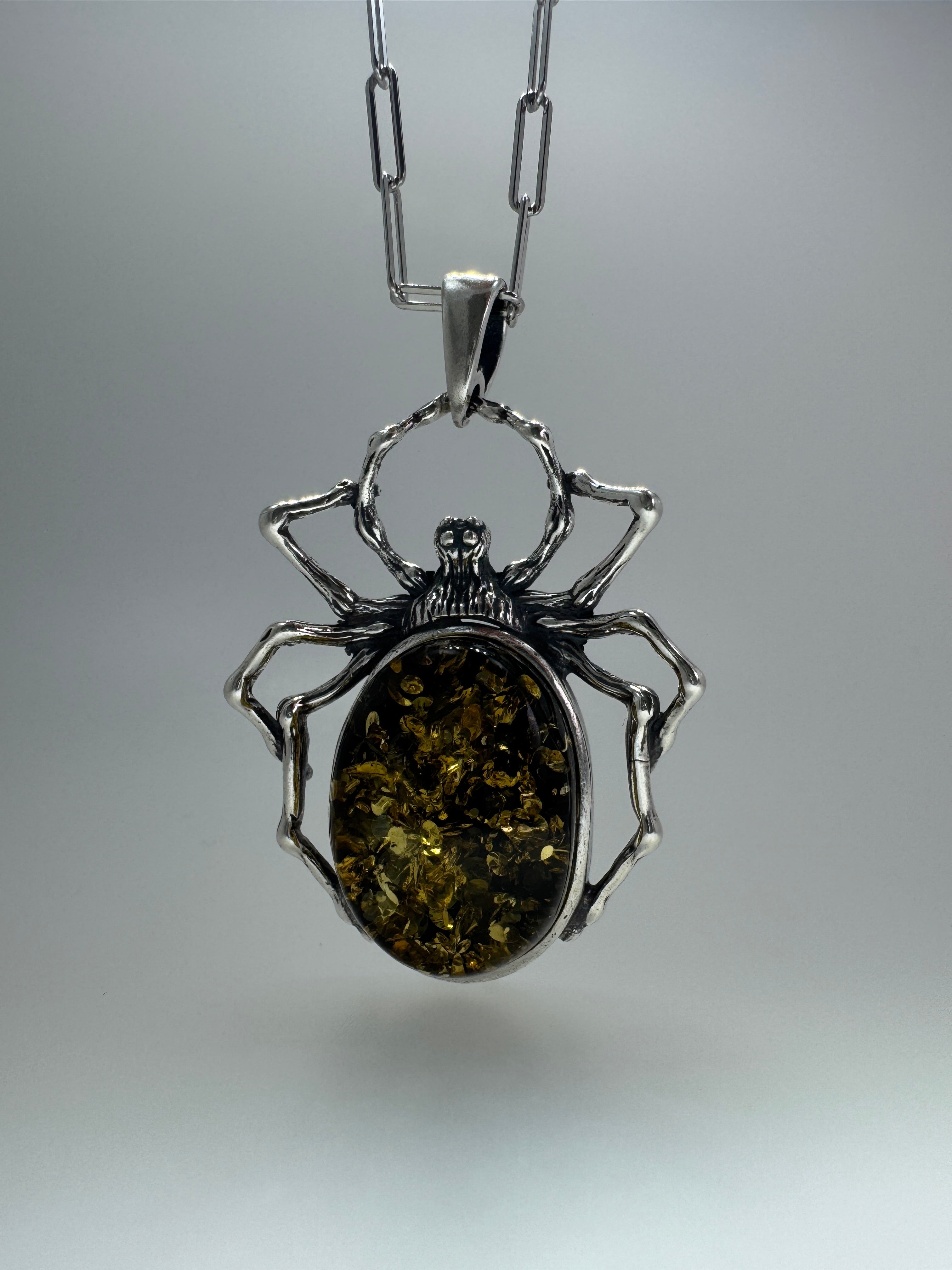 Oxidized Sterling Silver Spider Pendant with Green Baltic Amber on Paperclip Chain