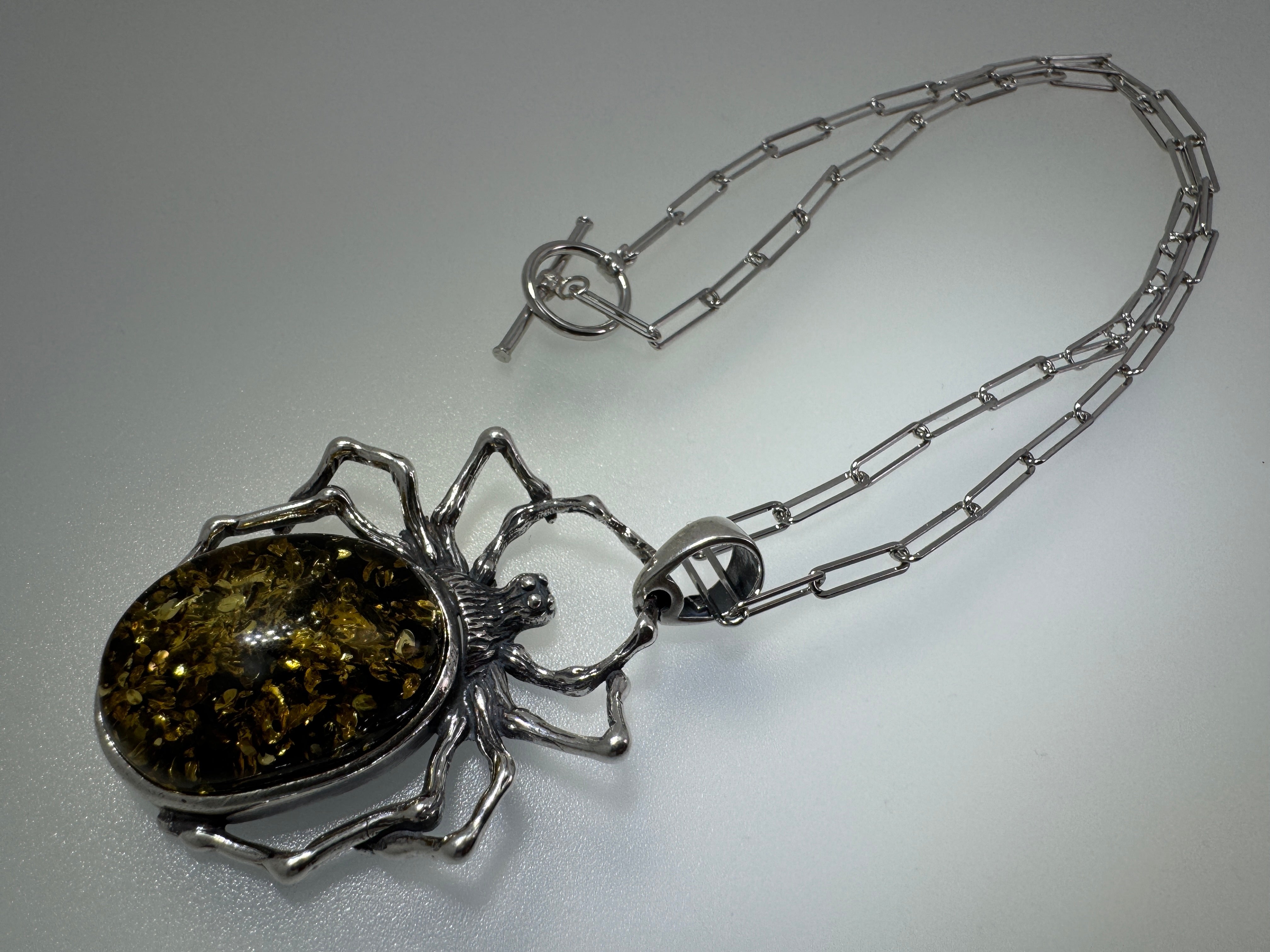 Oxidized Sterling Silver Spider Pendant with Green Baltic Amber on Paperclip Chain