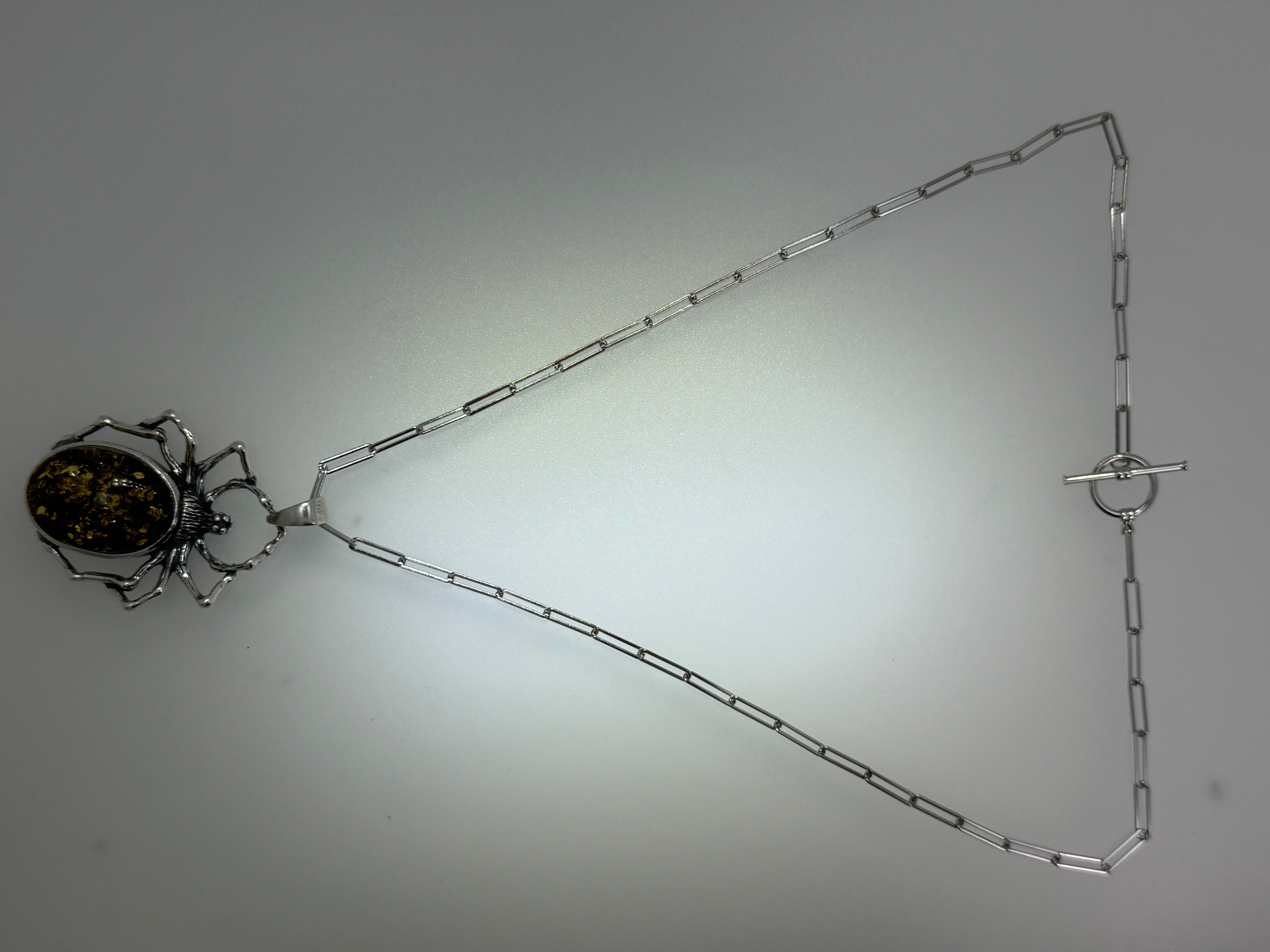 Oxidized Sterling Silver Spider Pendant with Green Baltic Amber on Paperclip Chain