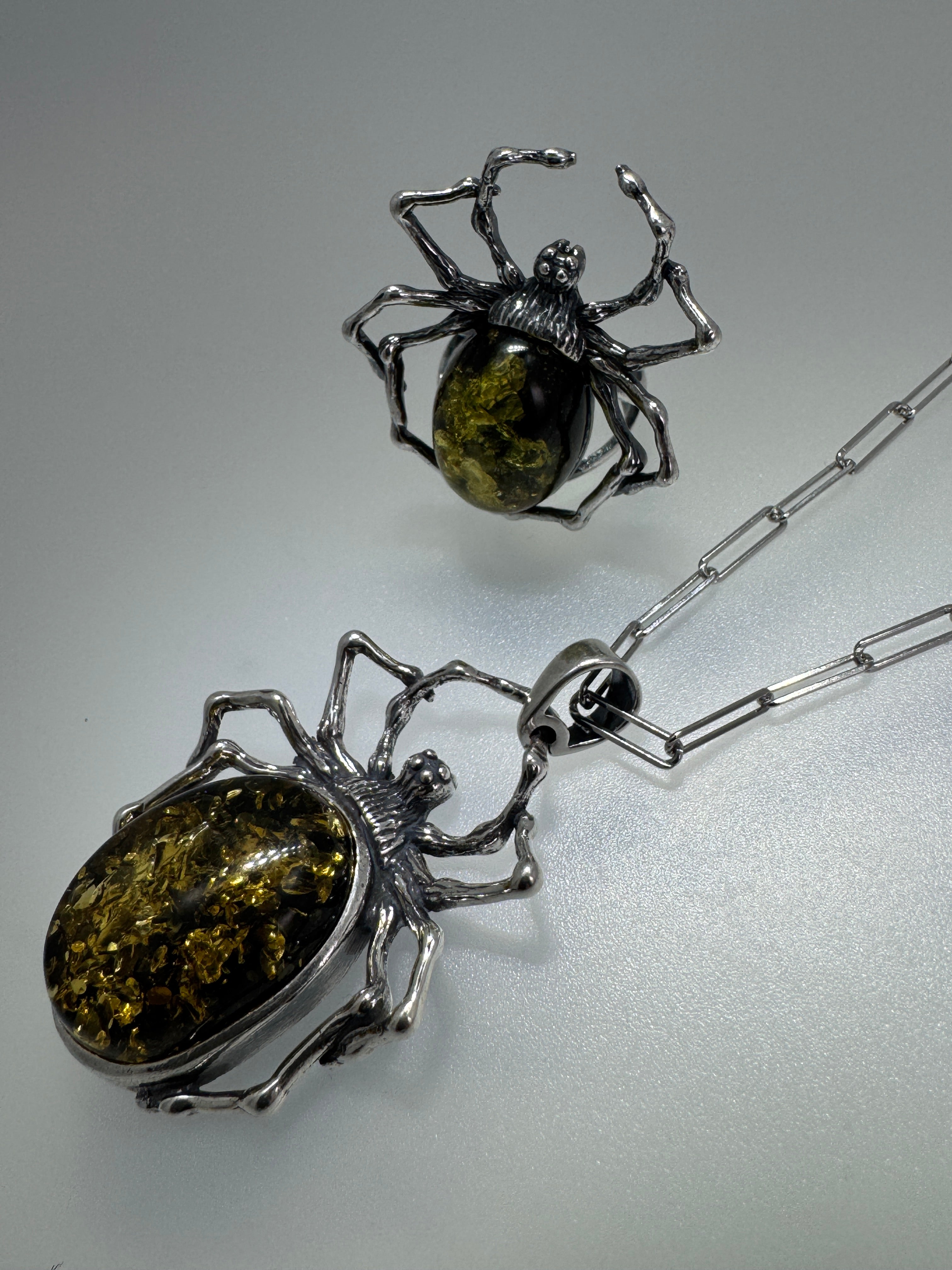 Oxidized Sterling Silver Spider Ring with Green Baltic Amber – Adjustable Open Shank