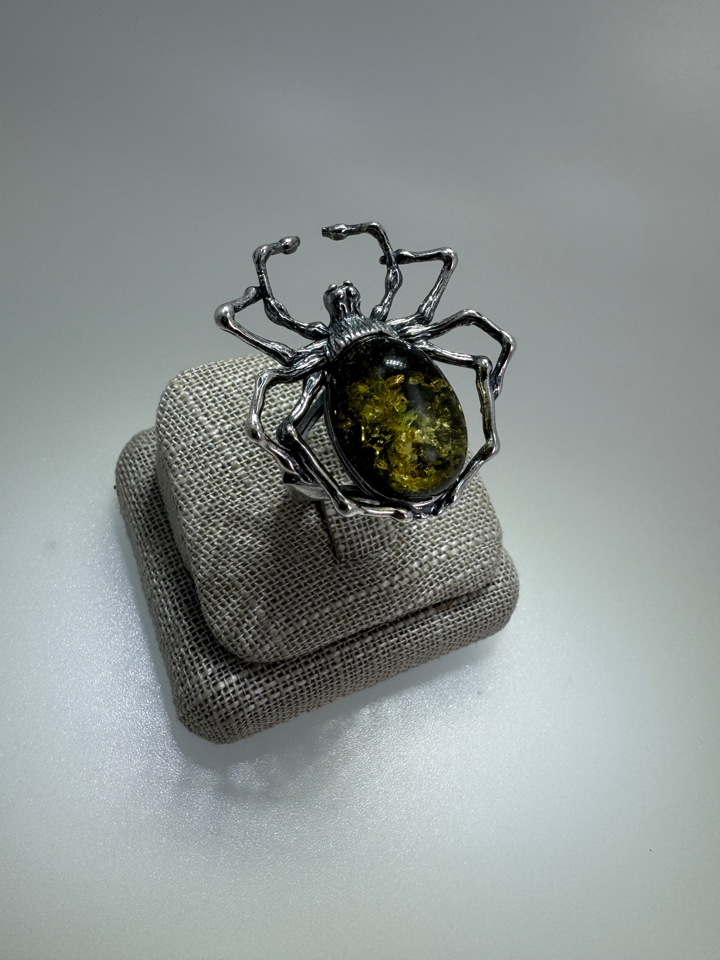 Oxidized Sterling Silver Spider Ring with Green Baltic Amber – Adjustable Open Shank