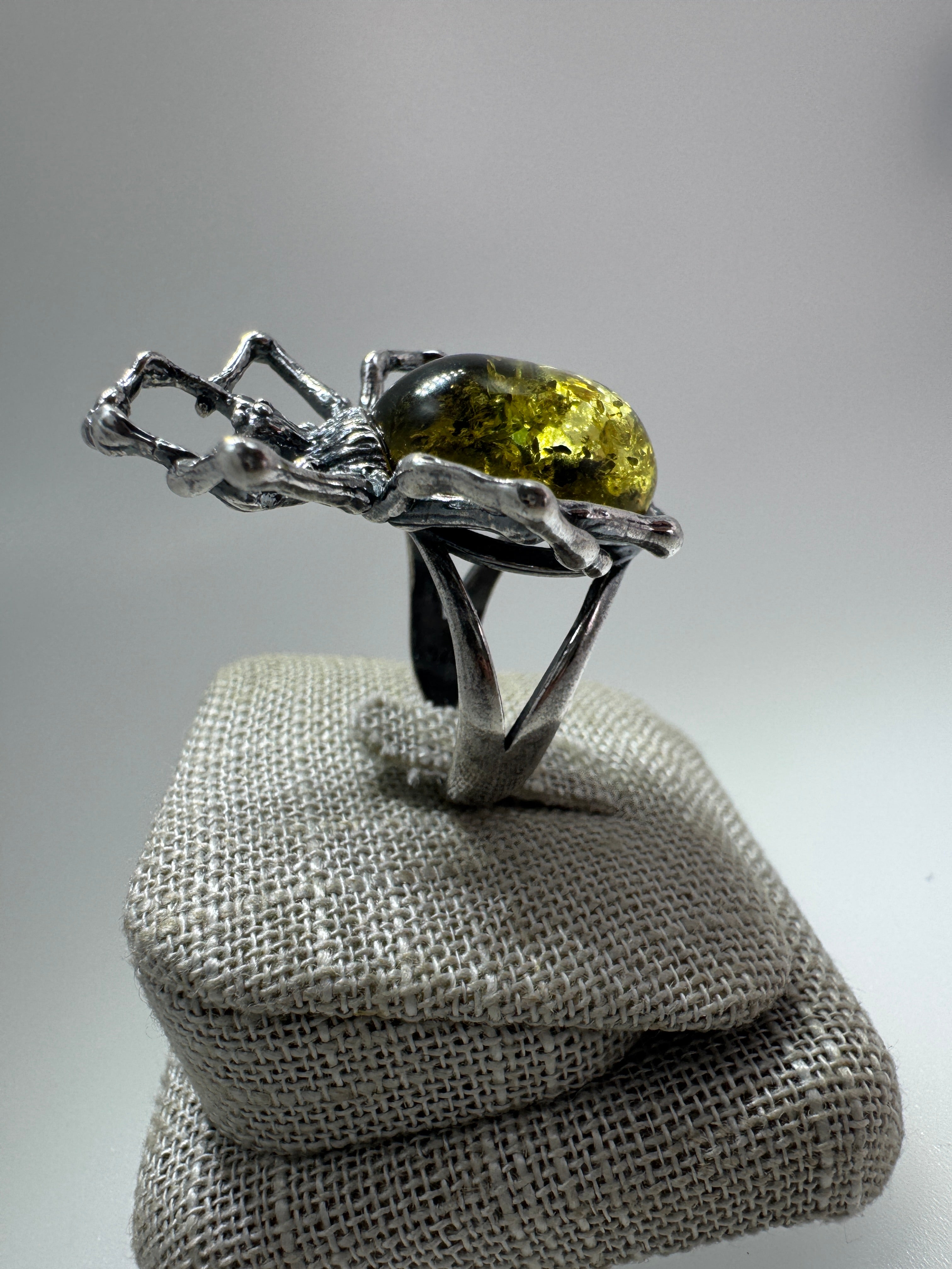 Oxidized Sterling Silver Spider Ring with Green Baltic Amber – Adjustable Open Shank