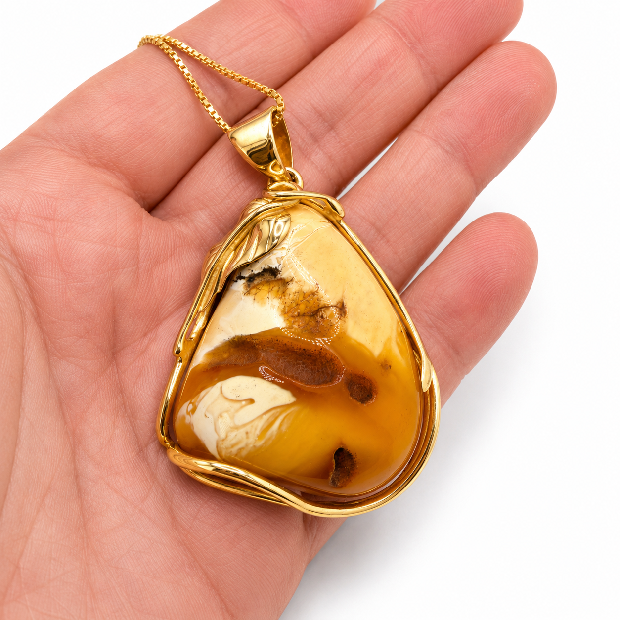Rare Museum Quality Butterscotch & White Baltic Amber Pendant – Genuine Baltic Amber Necklace – Gold Plated Sterling Silver