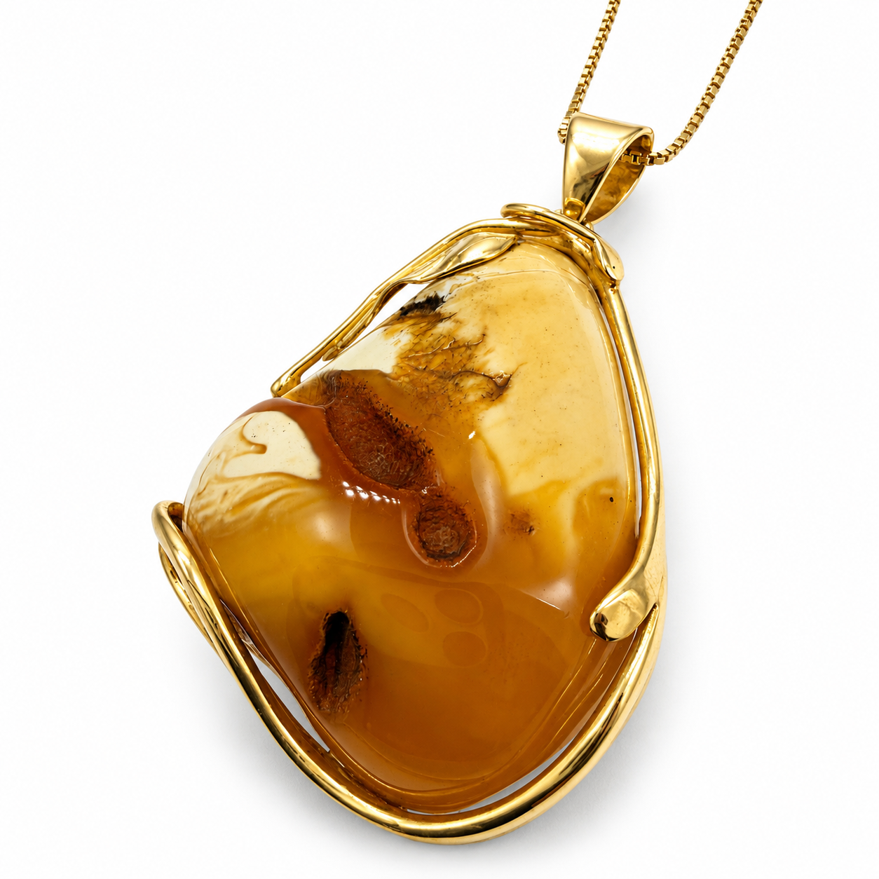 Rare Museum Quality Butterscotch & White Baltic Amber Pendant – Genuine Baltic Amber Necklace – Gold Plated Sterling Silver
