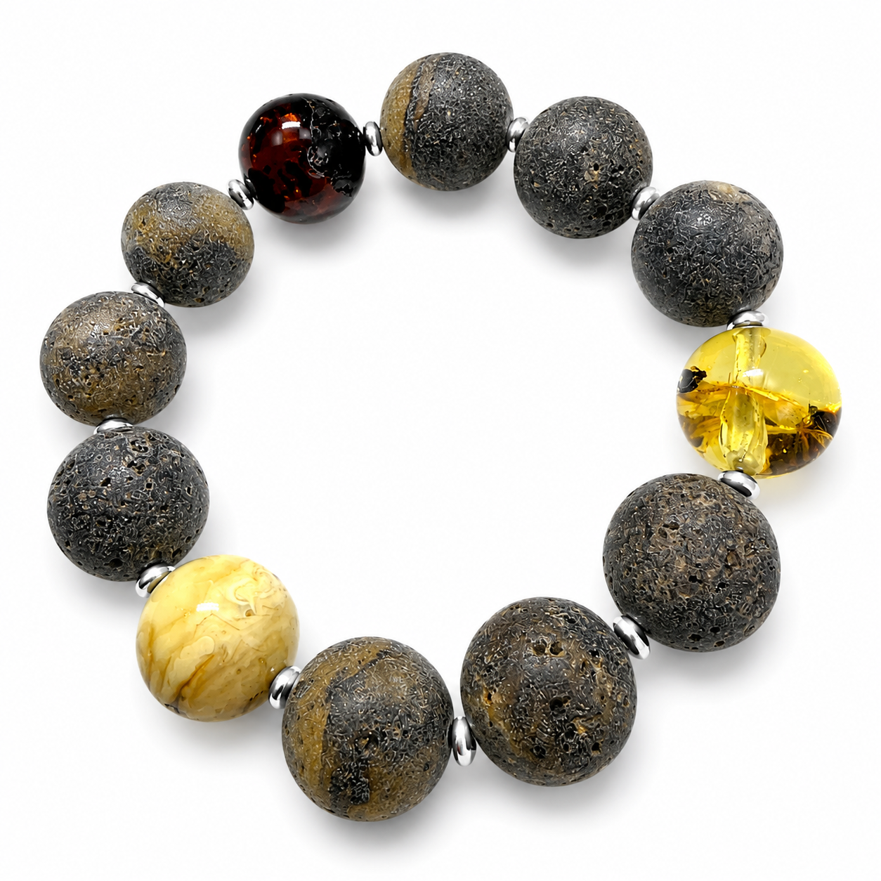 Rare Natural Gray Baltic Amber Bracelet – 16mm Round Beads 