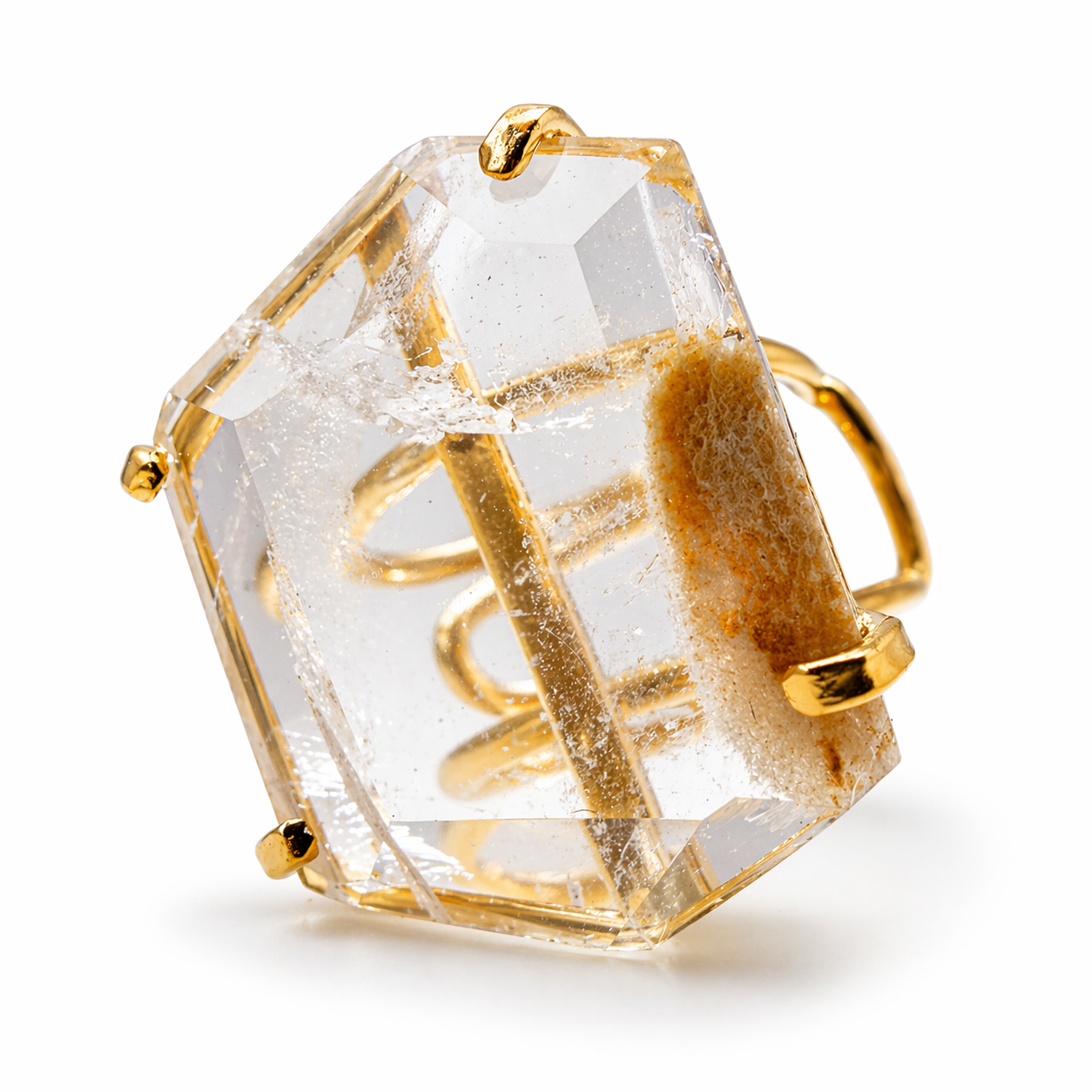Reticulated Quartz Statement Ring Gold Plated Brass, Adjustable Open Shank Ring, Handmade Brazil Gemstone Jewelry, Unique Pattern Quartz One of a Kind Ring