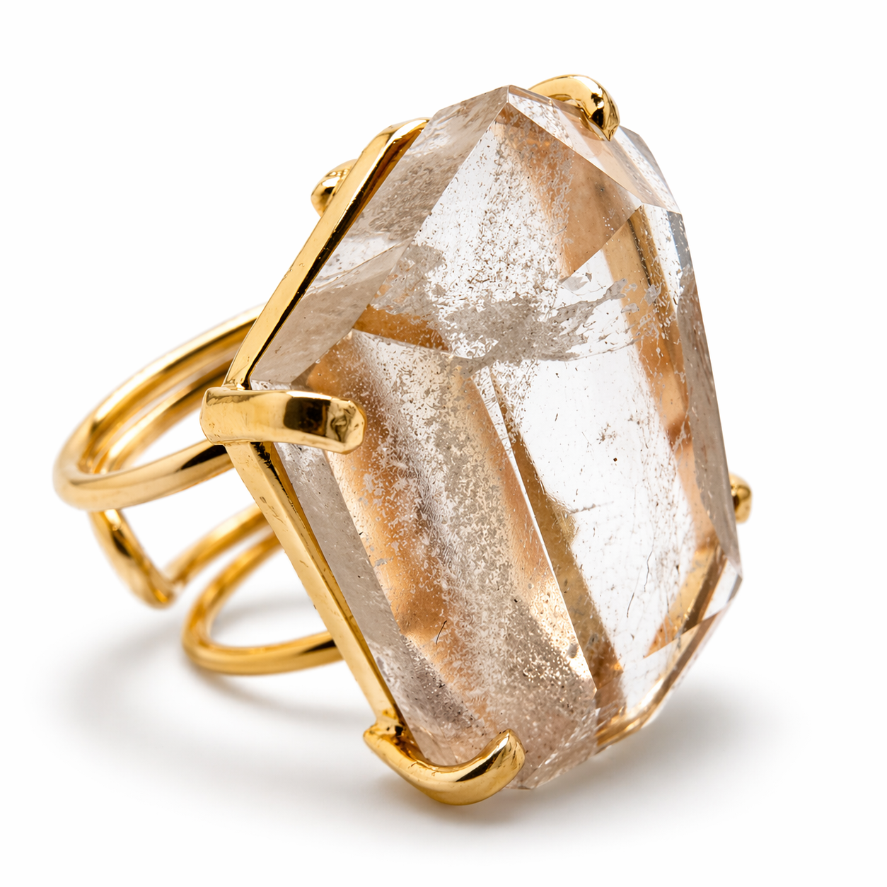 Reticulated Quartz Statement Ring Gold Plated Brass, Adjustable Open Shank Ring, Handmade Brazil Gemstone Jewelry, Unique Pattern Quartz One of a Kind Ring