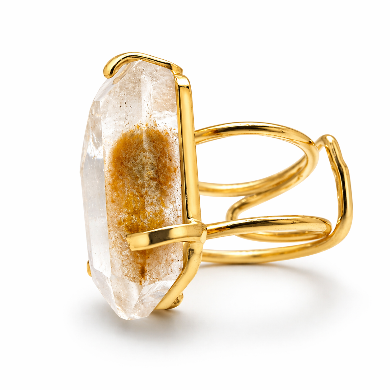 Reticulated Quartz Statement Ring Gold Plated Brass, Adjustable Open Shank Ring, Handmade Brazil Gemstone Jewelry, Unique Pattern Quartz One of a Kind Ring
