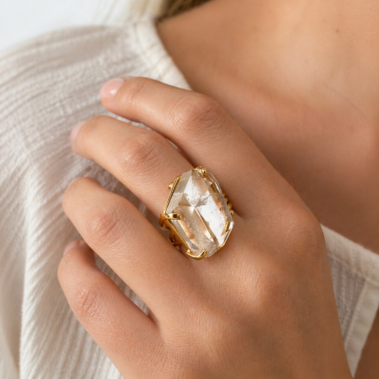 Reticulated Quartz Statement Ring Gold Plated Brass, Adjustable Open Shank Ring, Handmade Brazil Gemstone Jewelry, Unique Pattern Quartz One of a Kind Ring