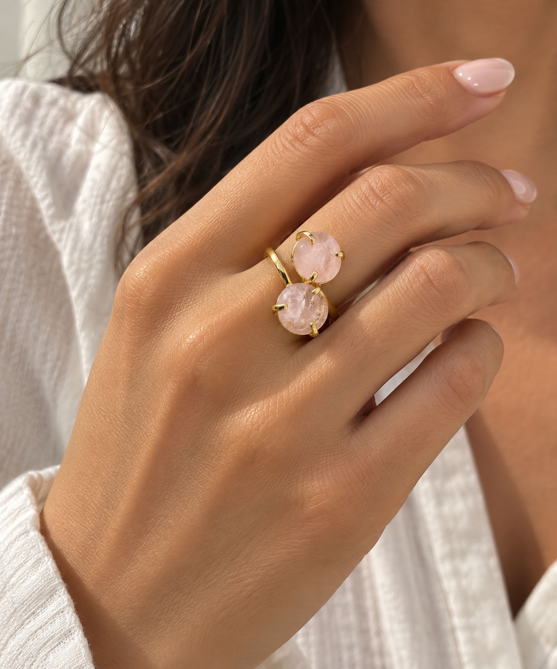 Rose Quartz Two Stone Ring – Genuine Gemstone Adjustable Ring