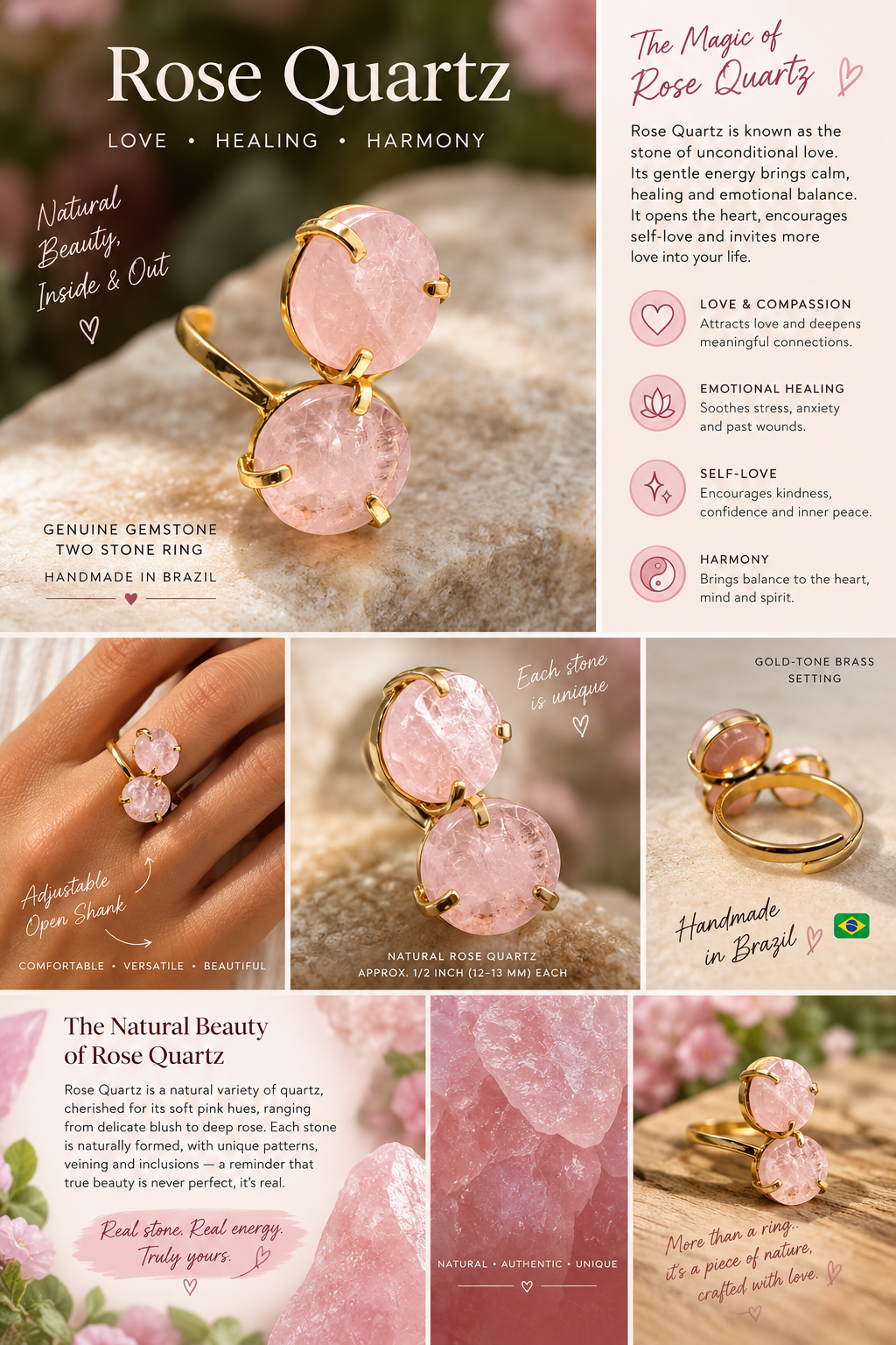 Rose Quartz Two Stone Ring – Genuine Gemstone Adjustable Ring