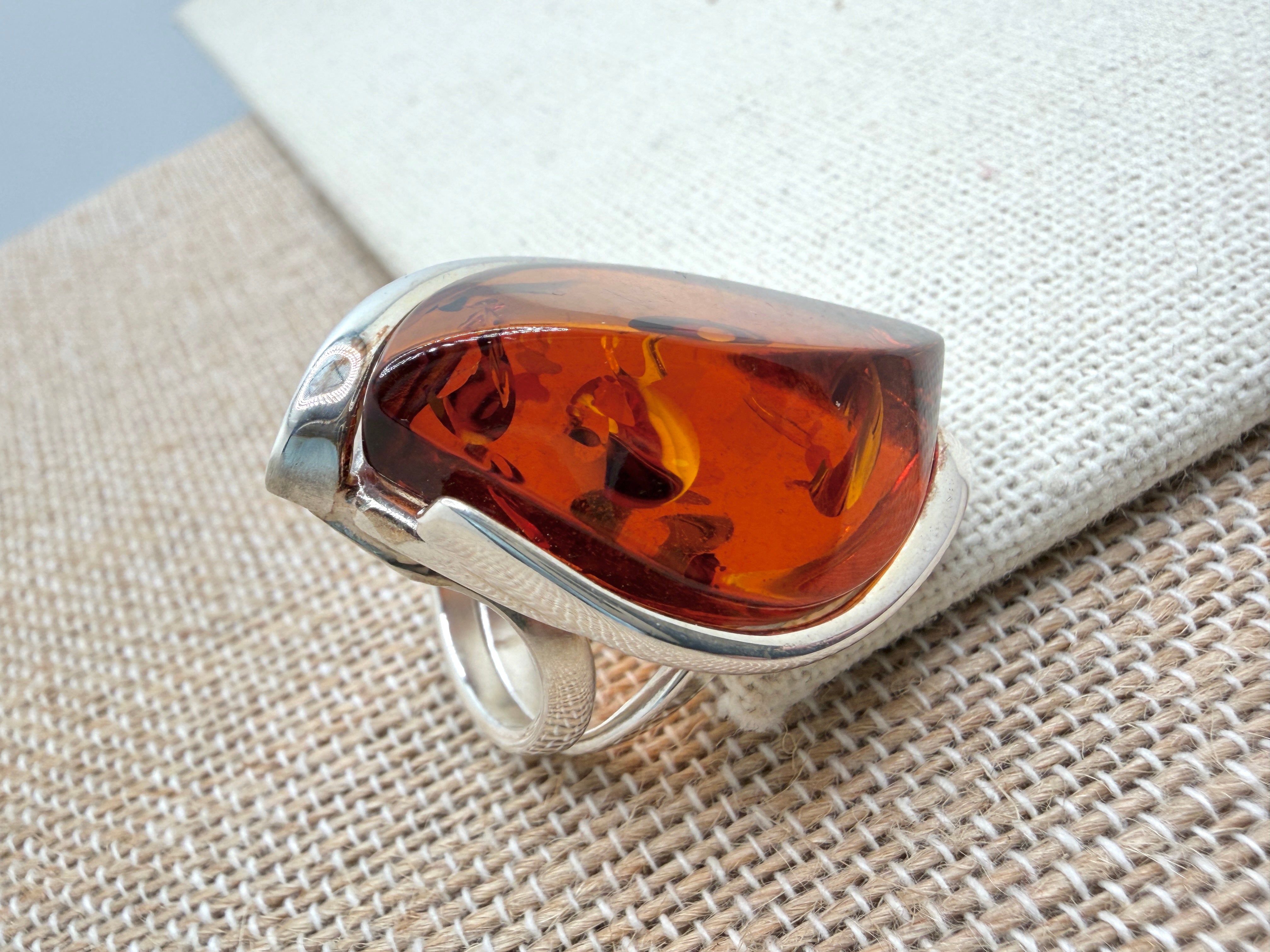 Sterling 925 Silver Faceted Marquise Cognac Baltic Amber Ring – Handmade organic design
