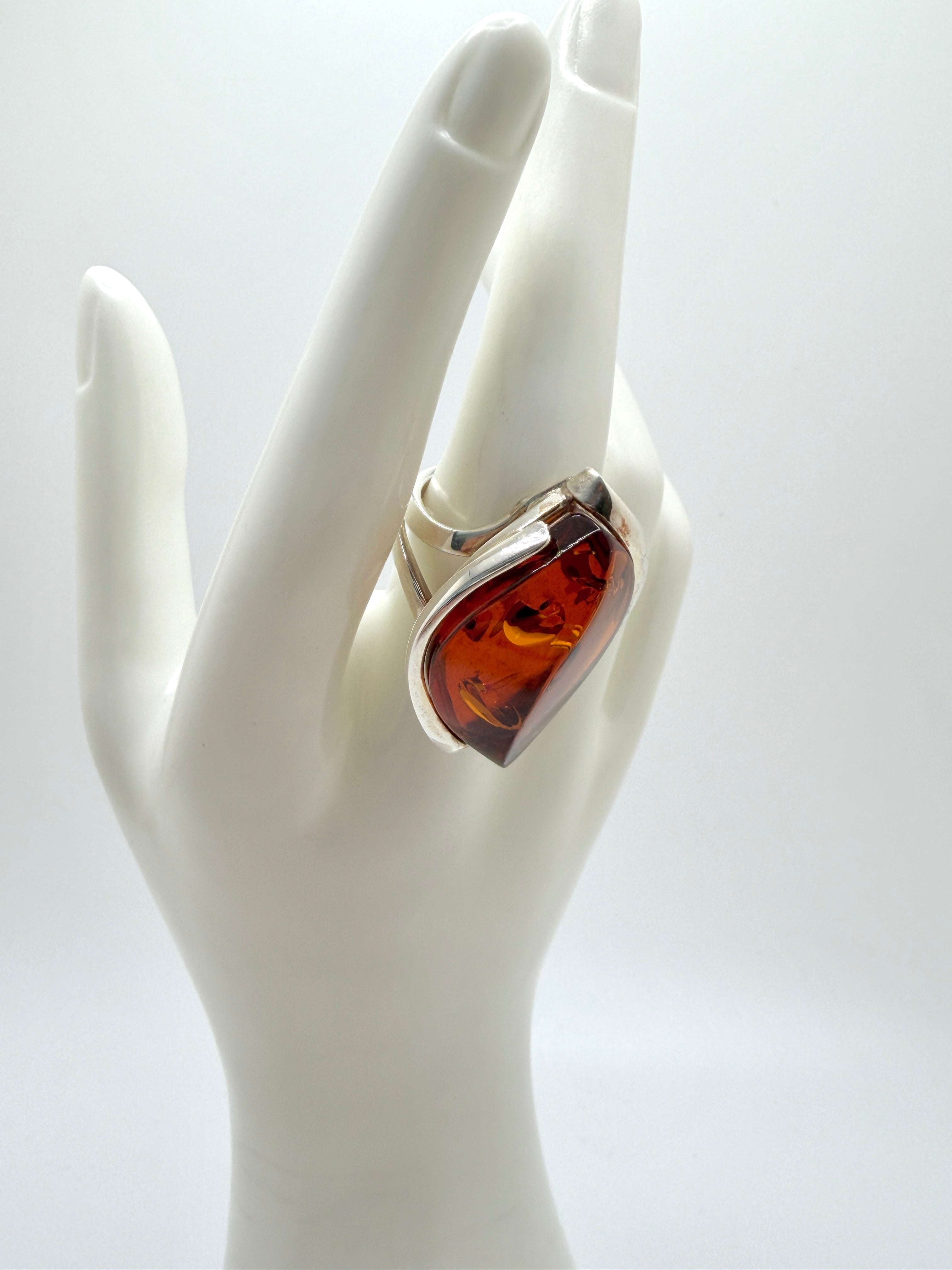 Sterling 925 Silver Faceted Marquise Cognac Baltic Amber Ring – Handmade organic design