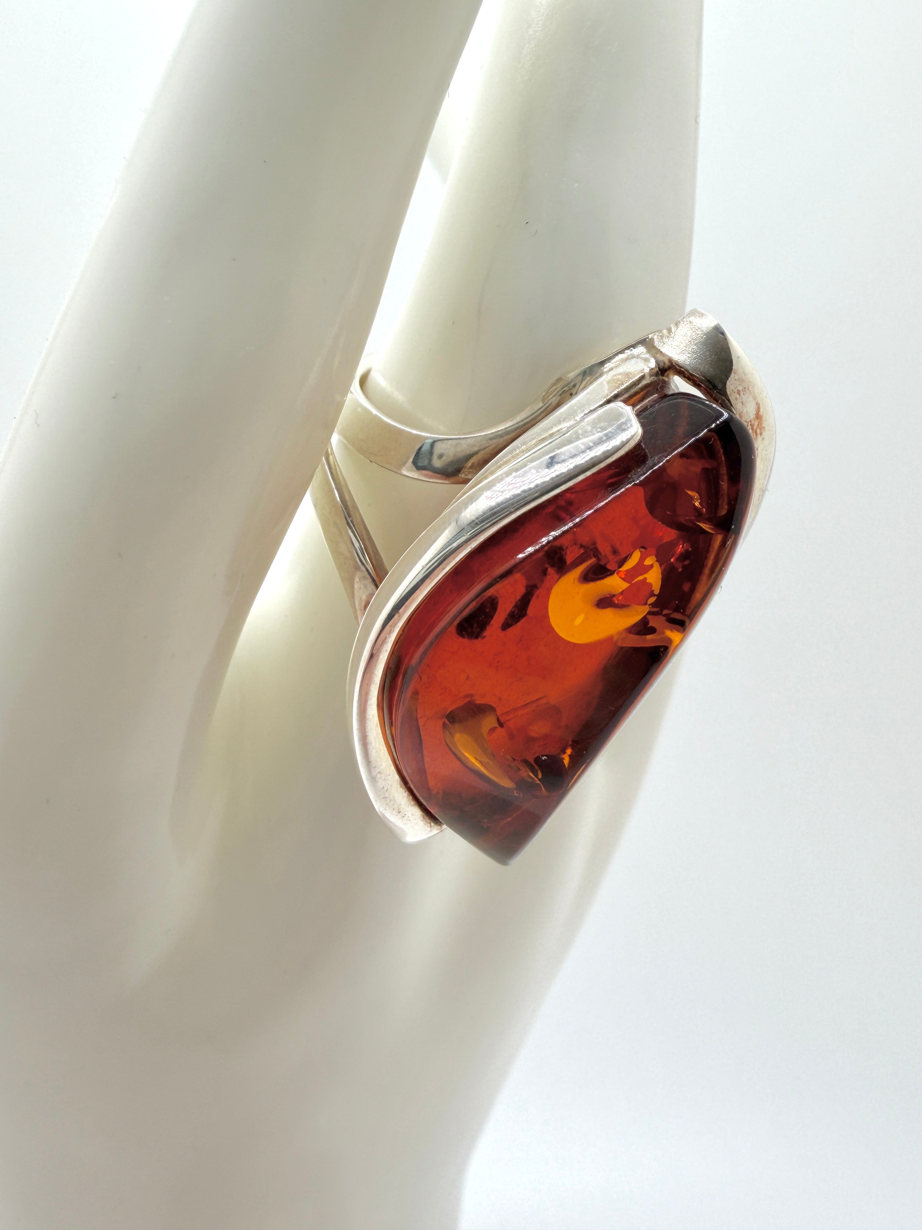 Sterling 925 Silver Faceted Marquise Cognac Baltic Amber Ring – Handmade organic design