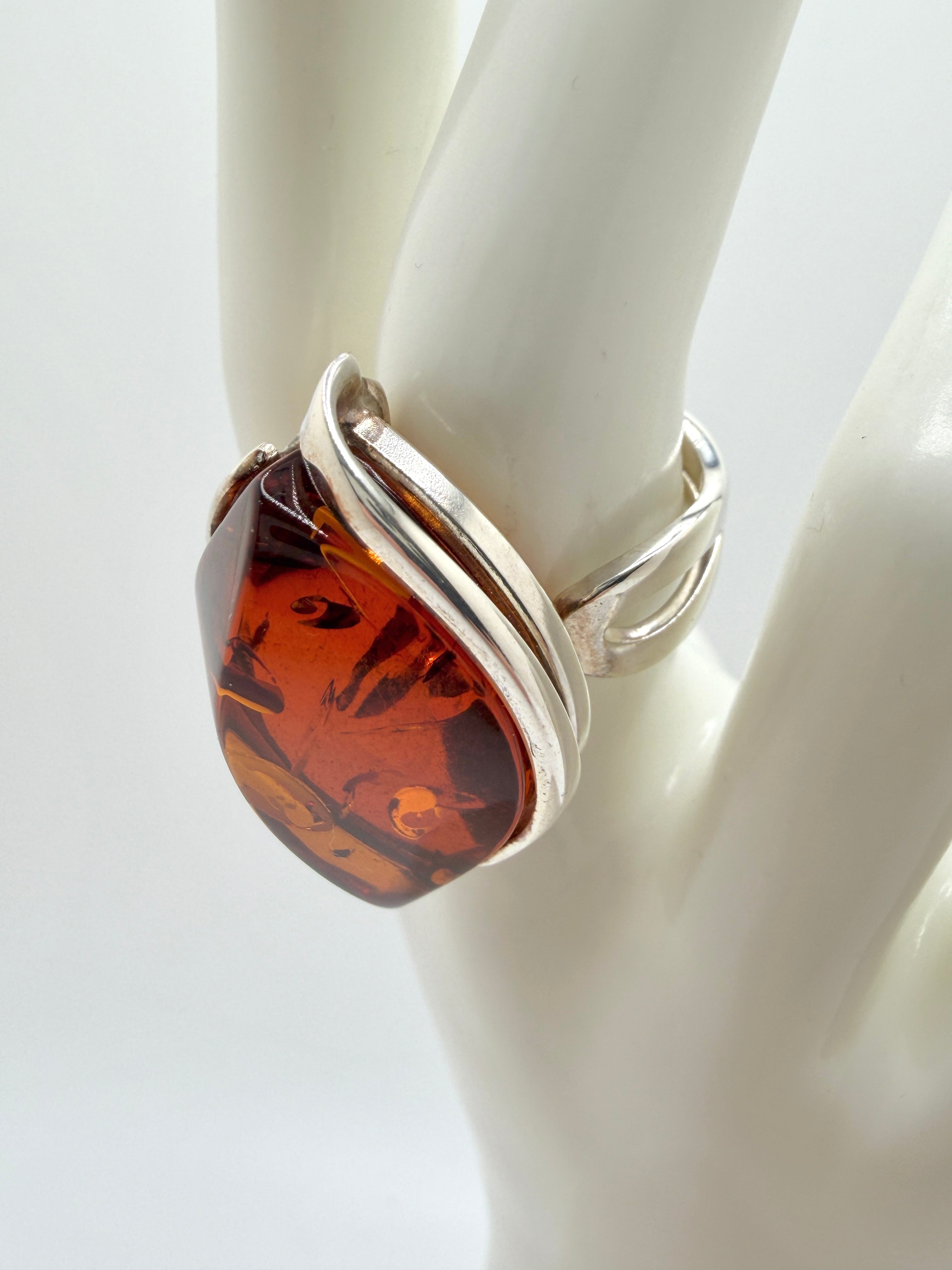 Sterling 925 Silver Faceted Marquise Cognac Baltic Amber Ring – Handmade organic design