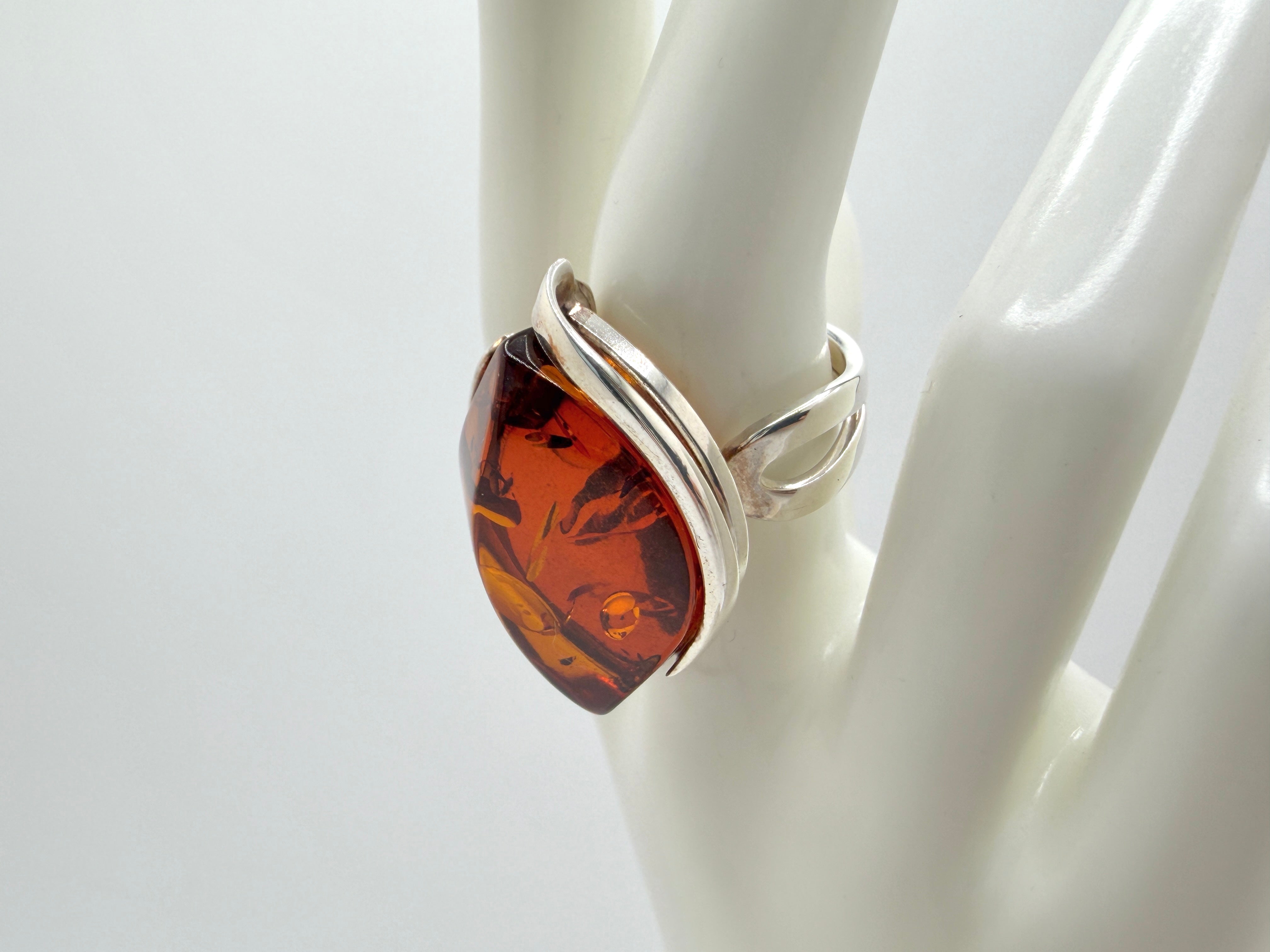 Sterling 925 Silver Faceted Marquise Cognac Baltic Amber Ring – Handmade organic design