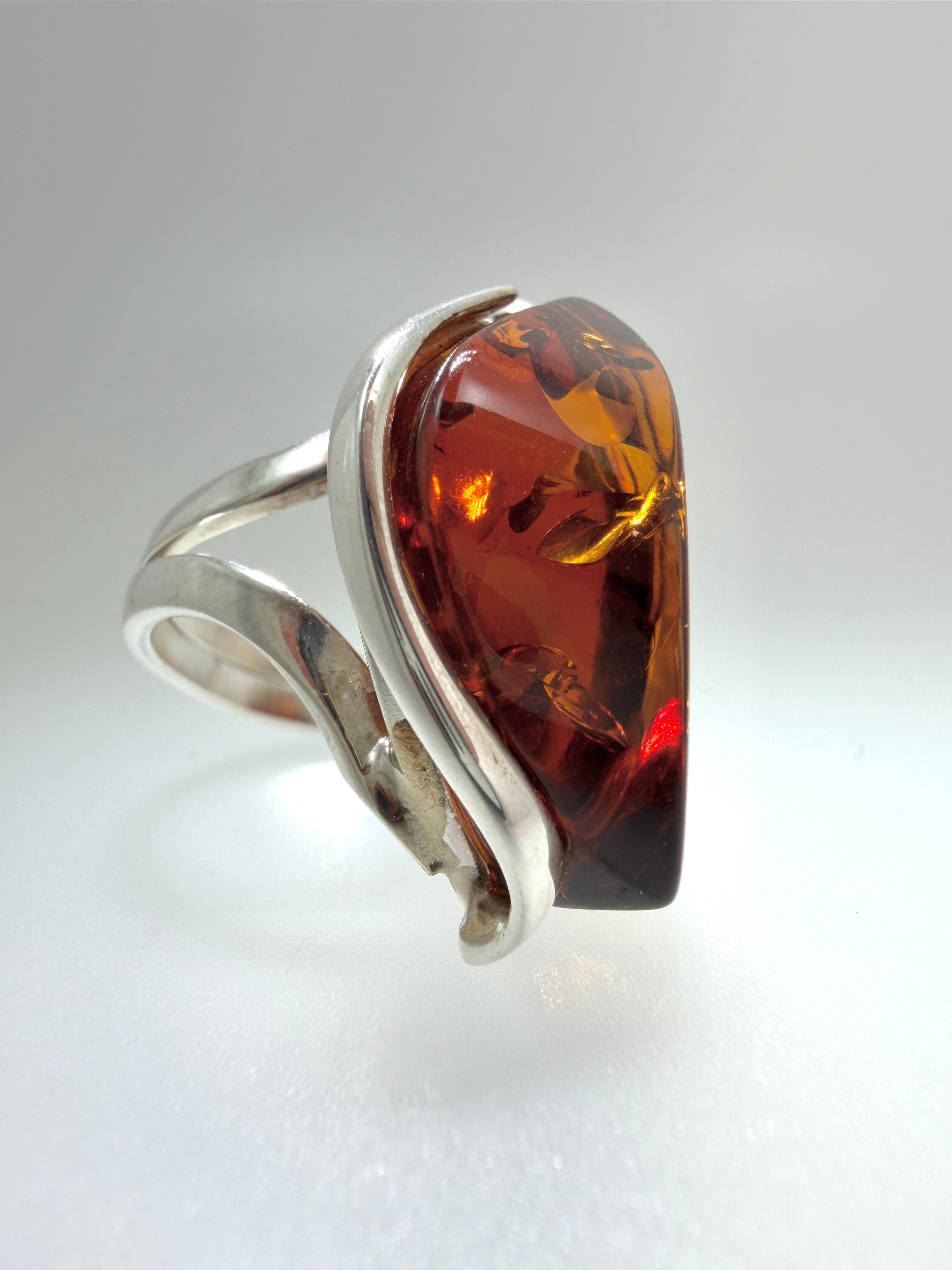Sterling 925 Silver Faceted Marquise Cognac Baltic Amber Ring – Handmade organic design