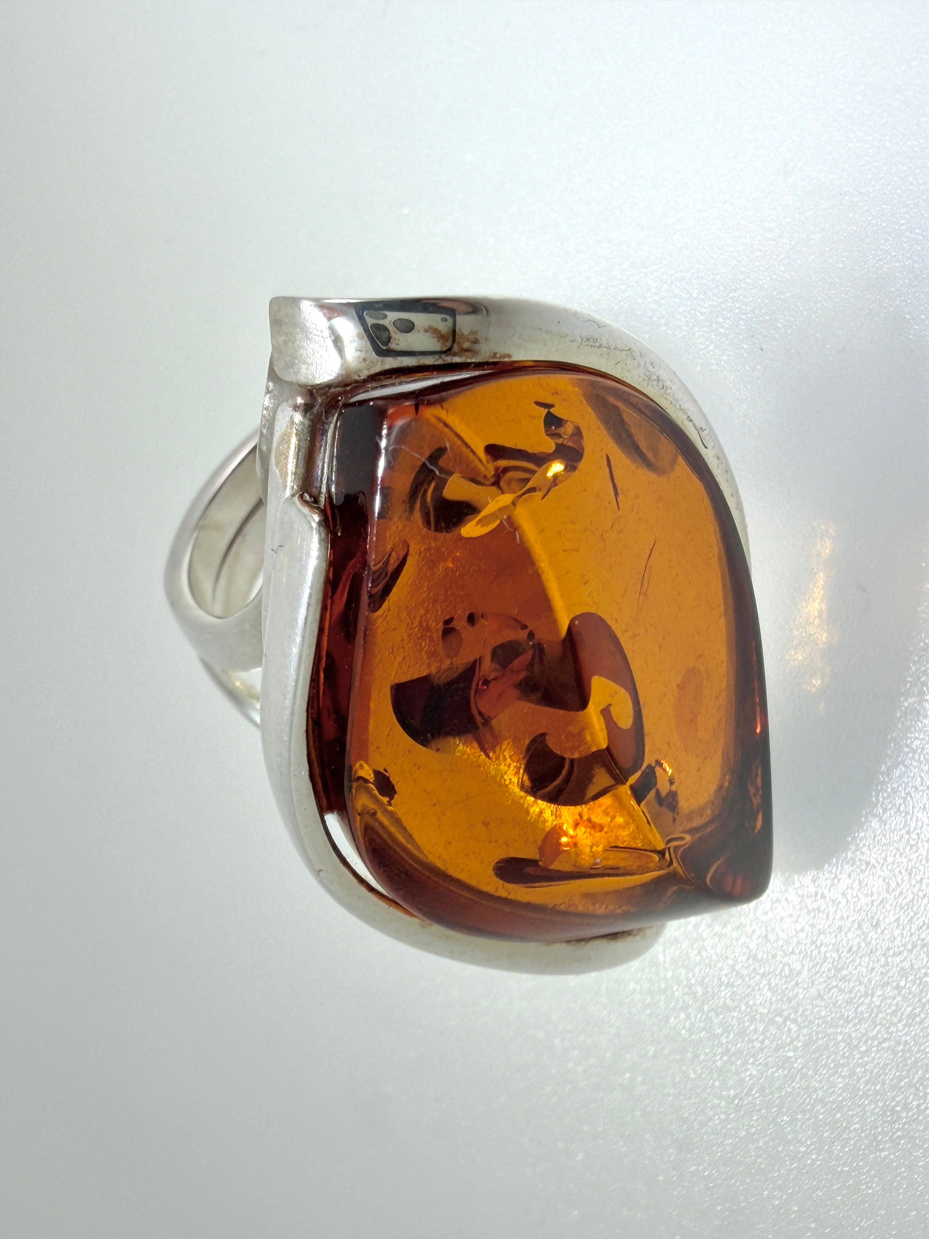 Sterling 925 Silver Faceted Marquise Cognac Baltic Amber Ring – Handmade organic design