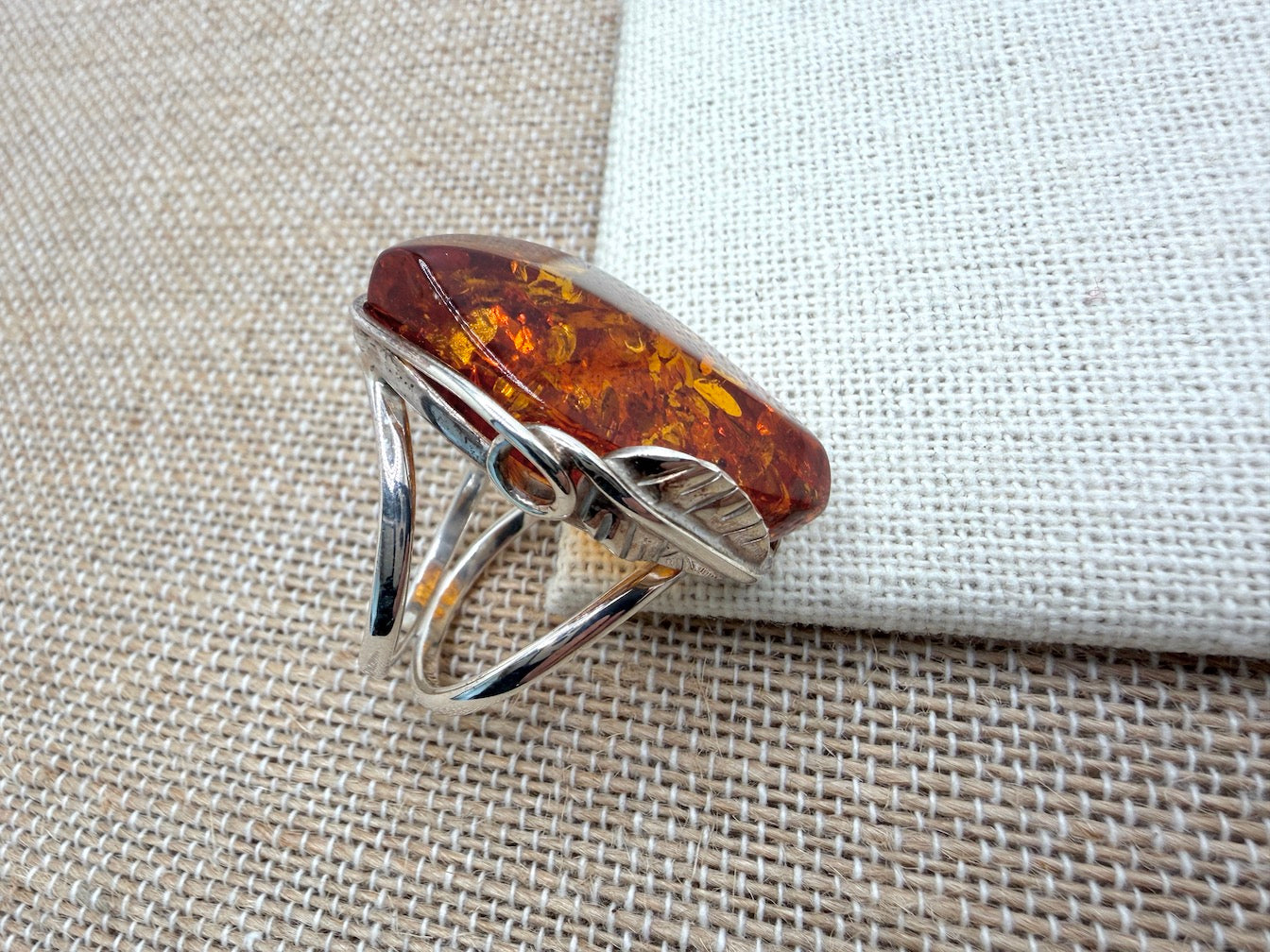 Sterling 925 Silver Marquise Cognac Baltic Amber Ring – Handmade organic leaf design
