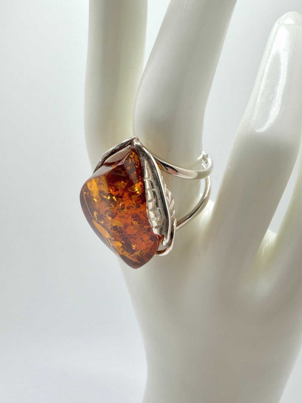 Sterling 925 Silver Marquise Cognac Baltic Amber Ring – Handmade organic leaf design