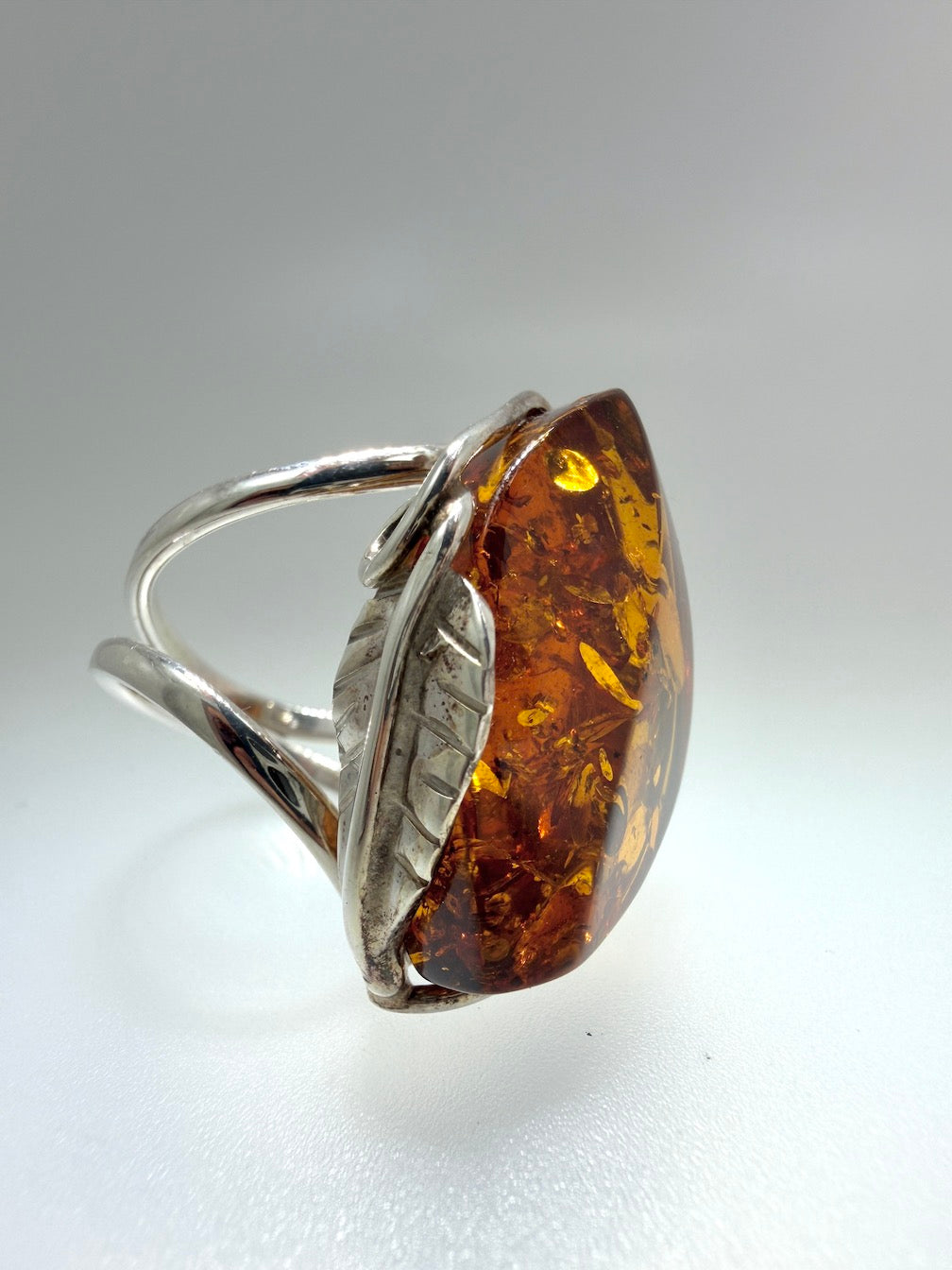 Sterling 925 Silver Marquise Cognac Baltic Amber Ring – Handmade organic leaf design